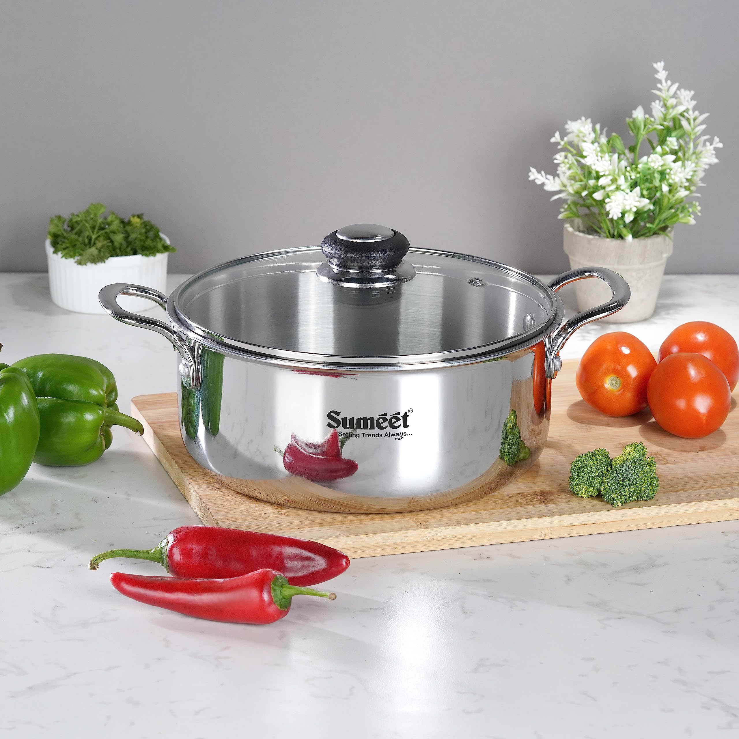 Sumeet Cook Smart Triply Steel-Aluminium-Steel - 3 Layers Casserole/Biryani Pot/Stock Pot With Glass Lid- 3.75Ltr - 22Cm, Silver