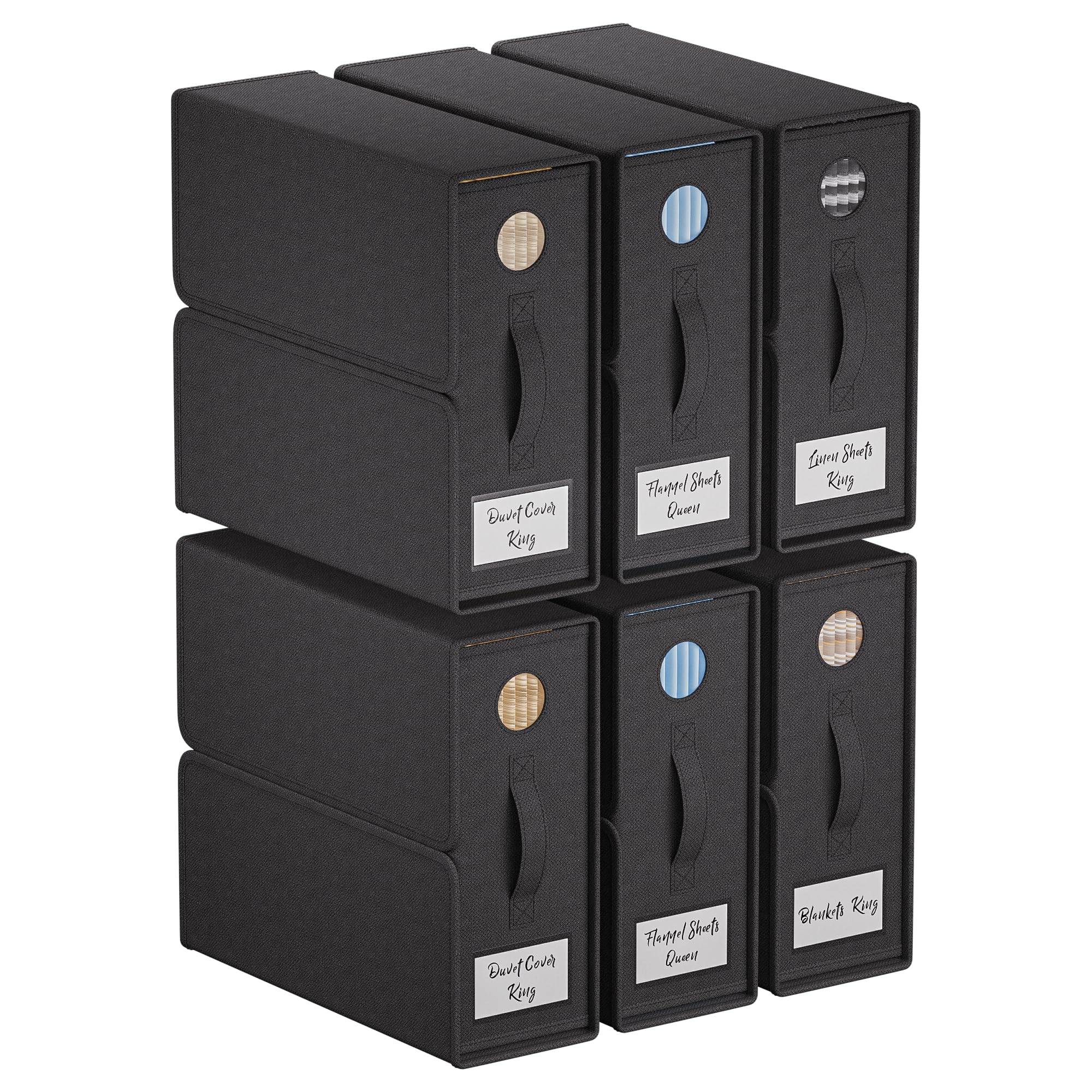 TRZZ Sheet Organizers and Storage, 6-Pack, Queen/King Size (Black), Foldable Sheet Set Organizer, Fabric Storage Bins for Bed Sh