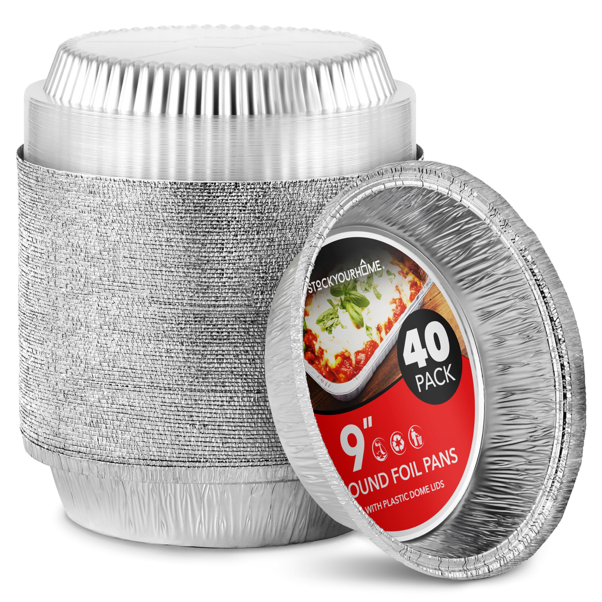 Stock Your Home 9'' Round Aluminum Foil Pans With Lids (40 Pack) Pie Tins Disposable 9 Inch With Lid, To-Go Containers For Pies,