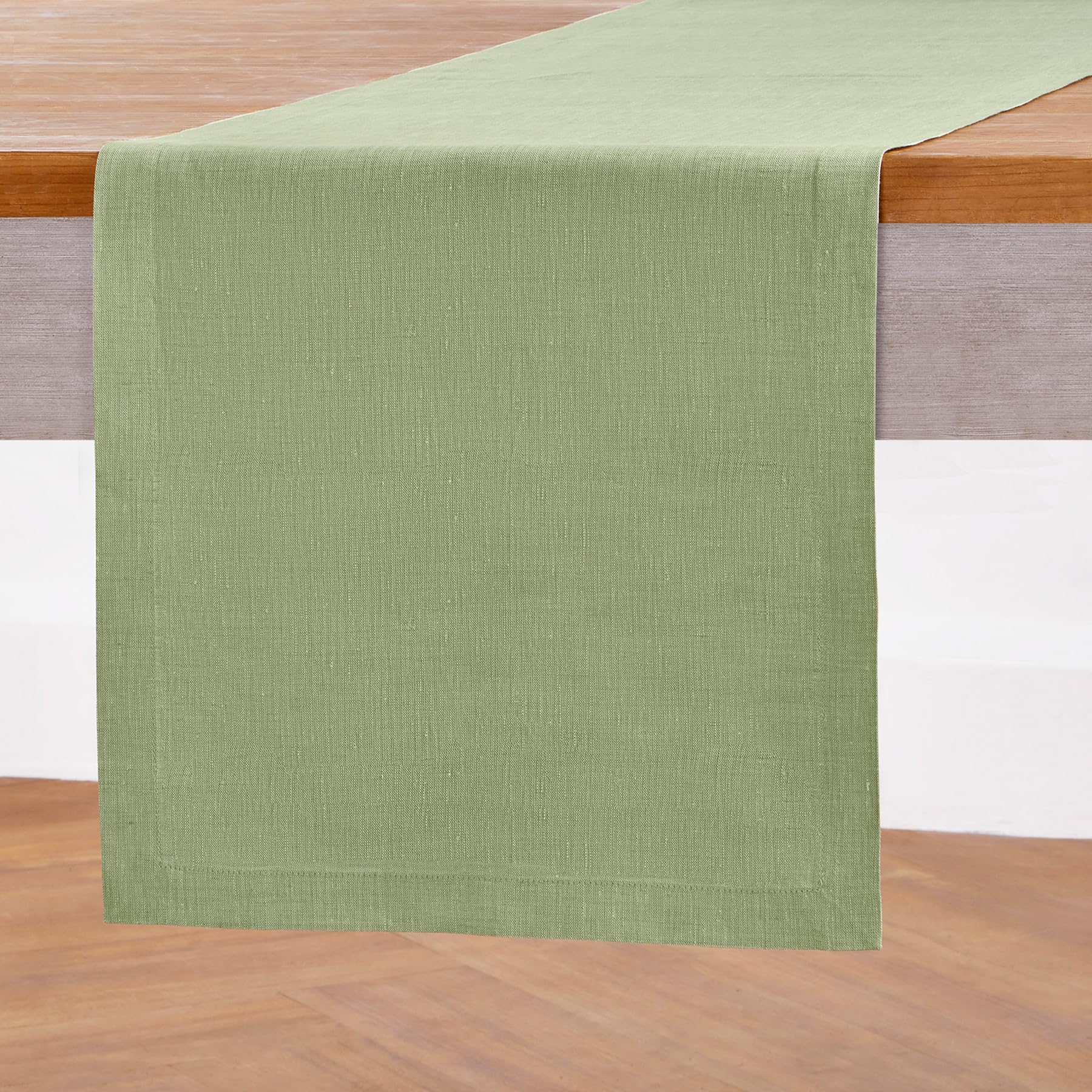 Solino Home Linen Table Runner 90 Inches Long - Athena, 100% Pure Linen Chambray Olive Table Runner 14 x 90 Inch for Dining, Fal