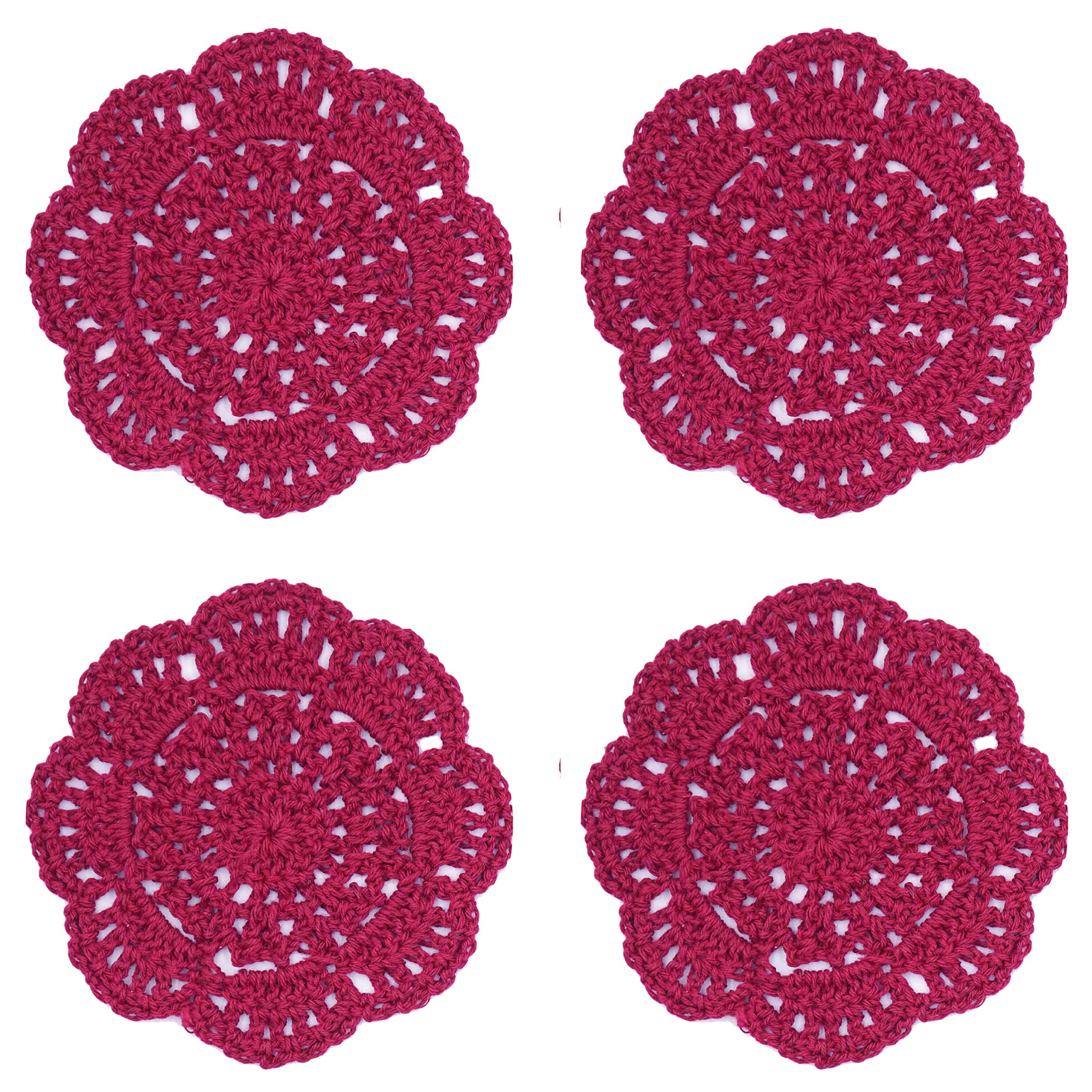 Phantomon Lace Round Crochet Doilies Handmade Coasters, 4-Inch, Pack Of 4 (Burgundy)