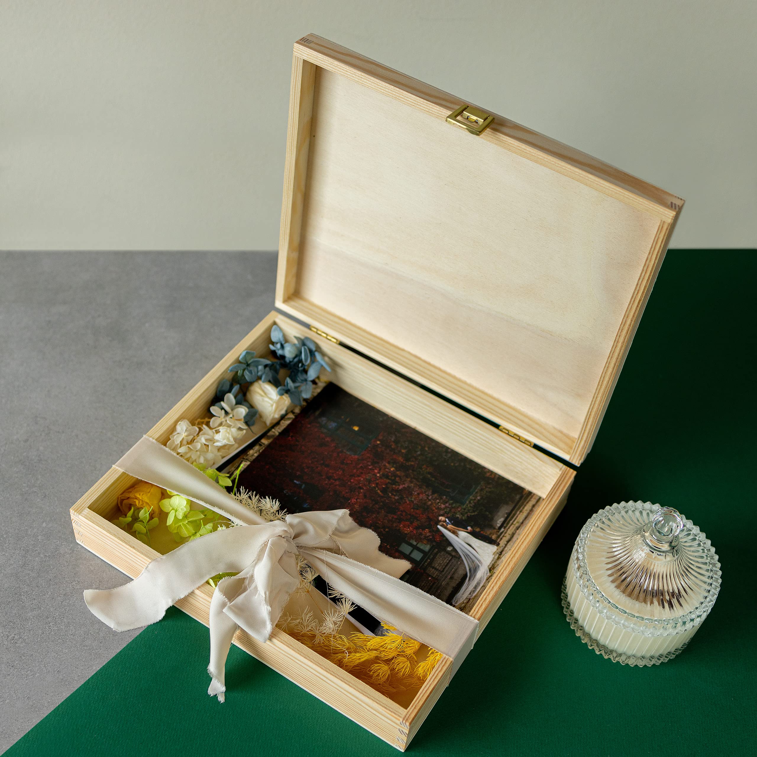 Creative Deco Wooden Storage Box Unpainted Plain | 11.41 X 9.84 X 2.55 In | Golden Latch & Lid | Perfect For Storing Valuables &