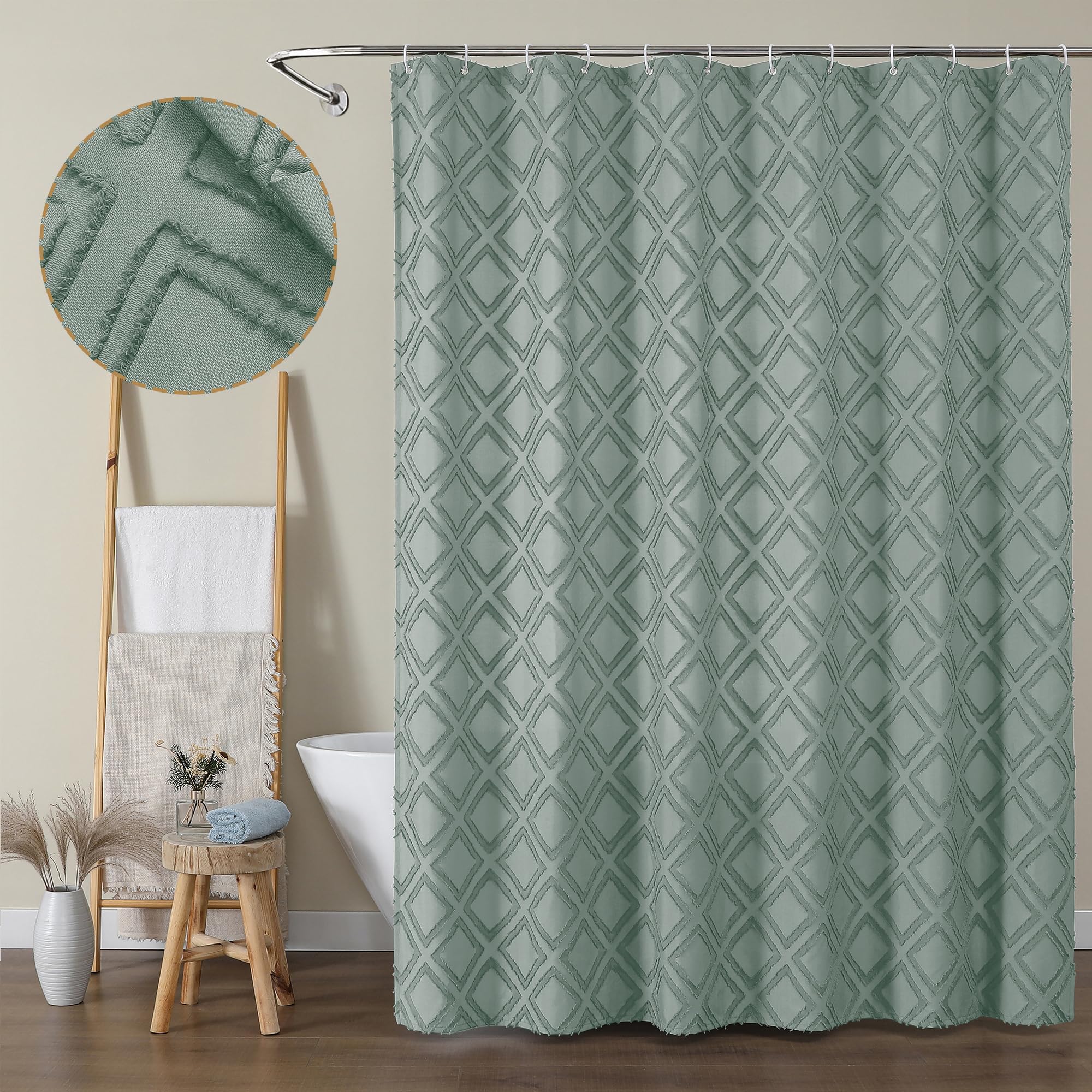 Owenie Sage Green Shower Curtain Set, Jacquard Geometric Textured Fabric Boho Shower Curtains For Bathroom, Soft Hotel Style Far