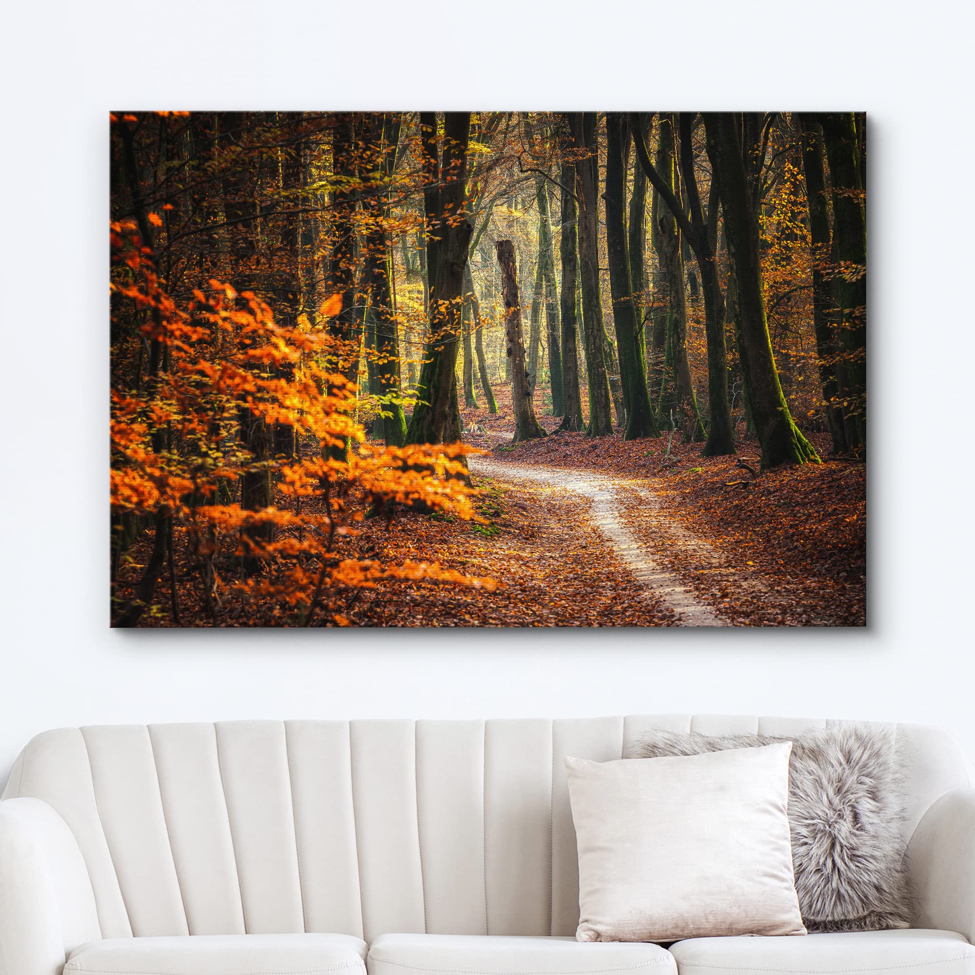 wall26 Canvas Print Wall Art Autumn Fall Orange Leaf Forest Tree Trail Nature Wilderness Photography Realism Earth Scenery Rustic Scenic Landscape Colorful for Living Room  Bedroom  Office - 12''x18''