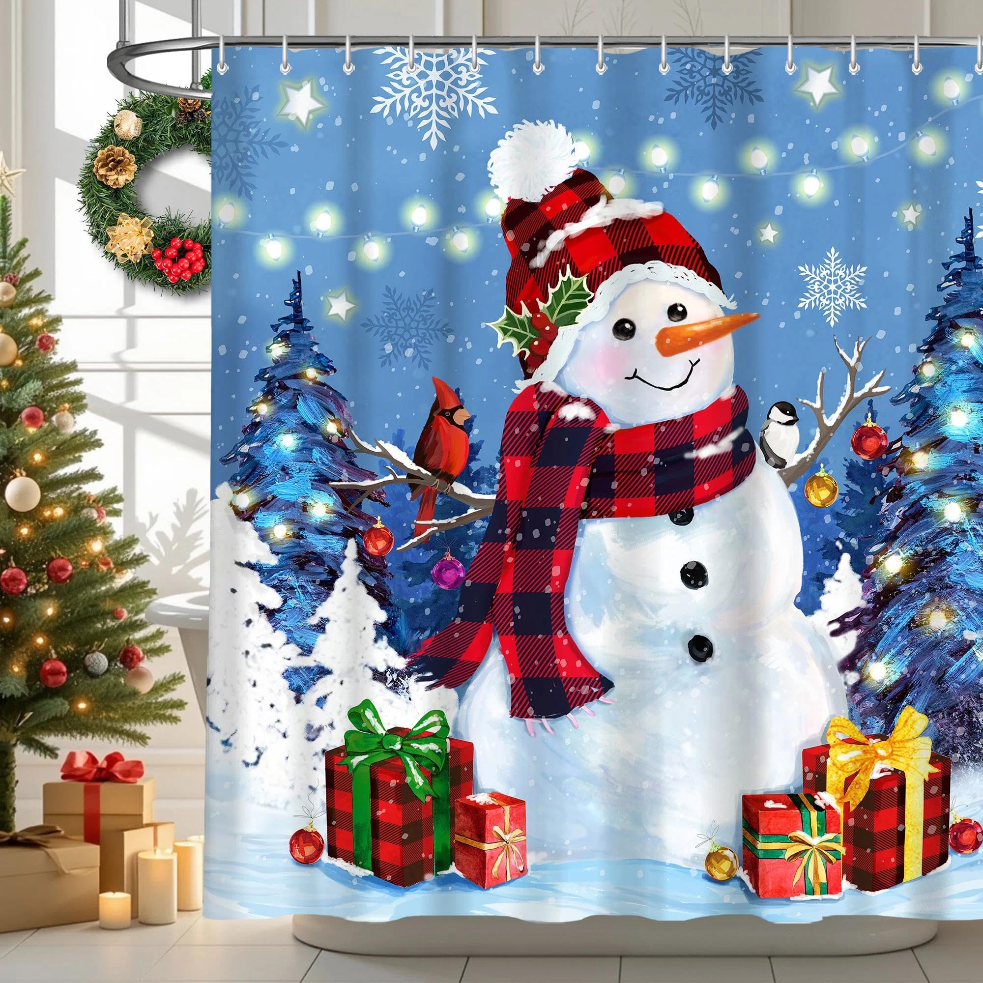 Bonsai Tree Christmas Shower Curtain, Snowman Shower Curtain for Bathroom Decor, Christmas Winter Snowman Curtains with Hooks 72