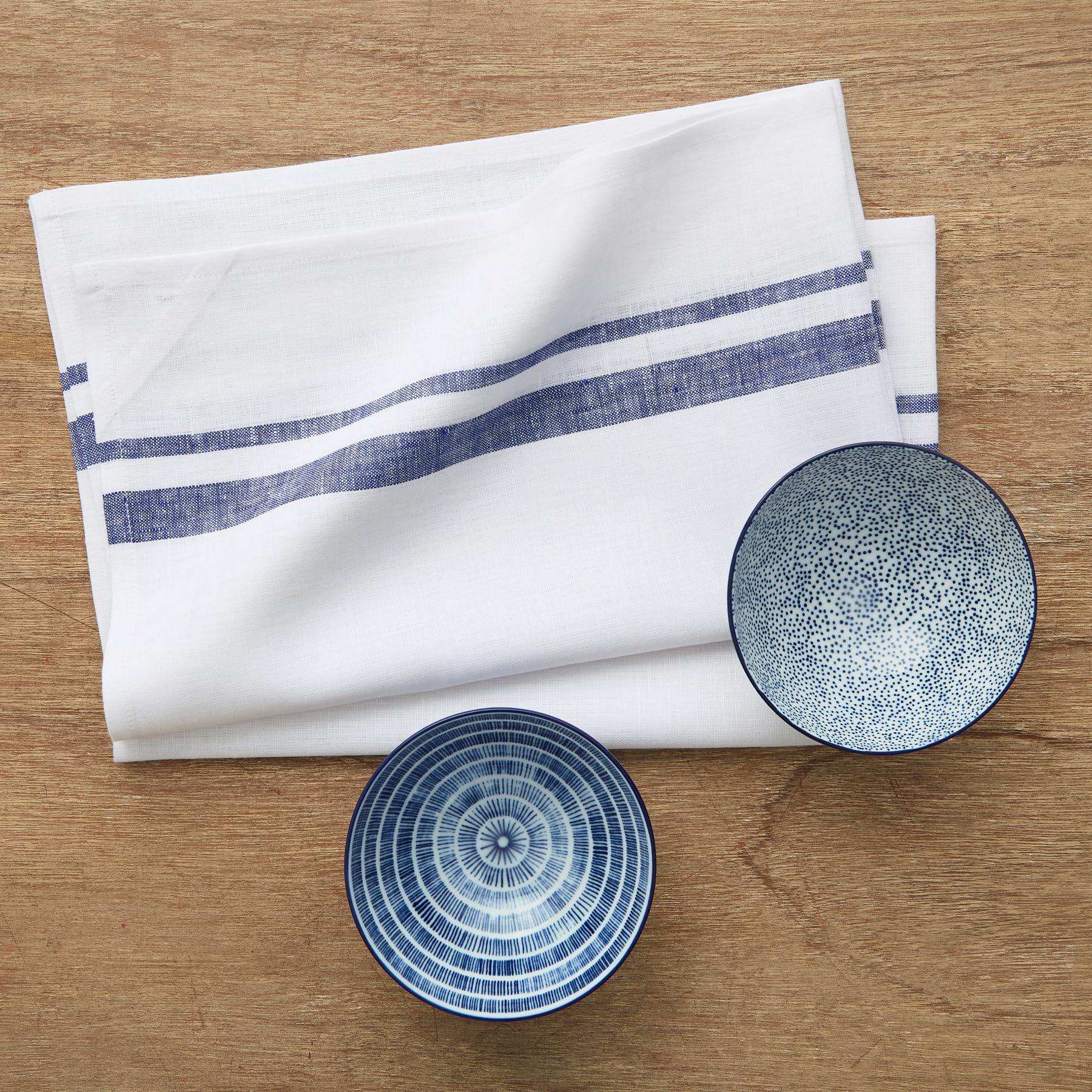 Solino Home Linen Kitchen Towels Set Of 2 - Navy And White 17 X 26 Inch - 100% Pure Linen French Stripe Kitchen/Tea Towels - Mac