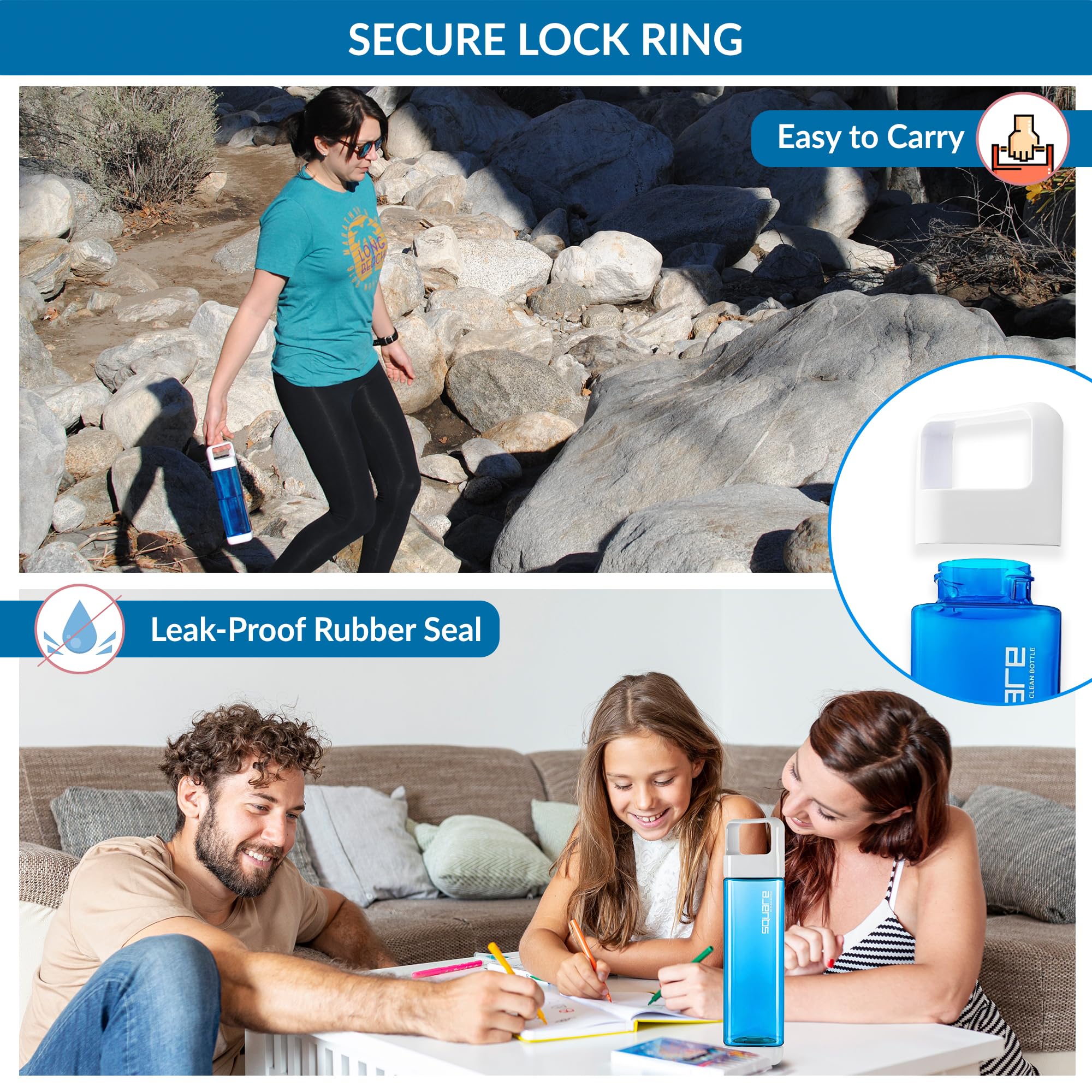 Clean Bottle Square Water Bottle 25oz BPA-Free Tritan Blue PSQ-001 for Travel with Leak Proof Carabiner Lid