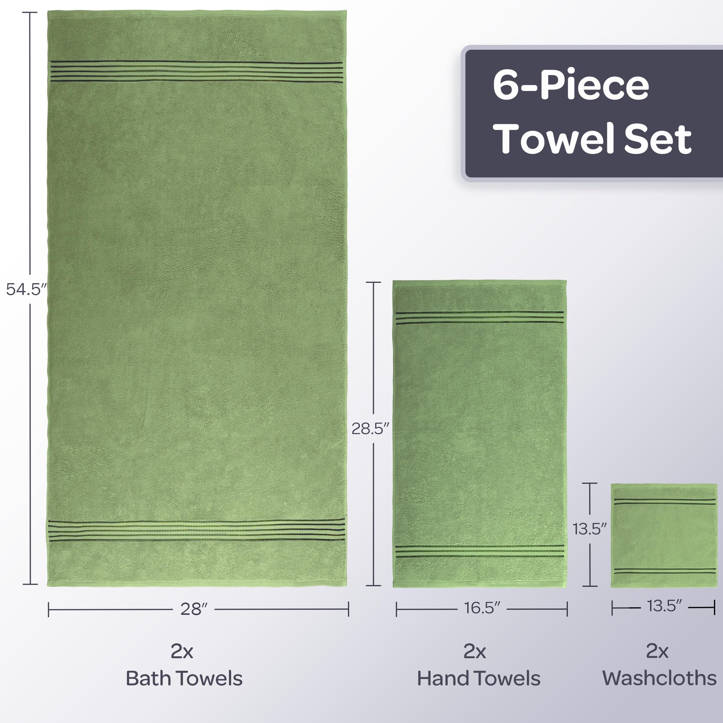 Lavish Home 100% Cotton Hotel 6 Piece Towel Set - Green  28''x54.5''x0.25''