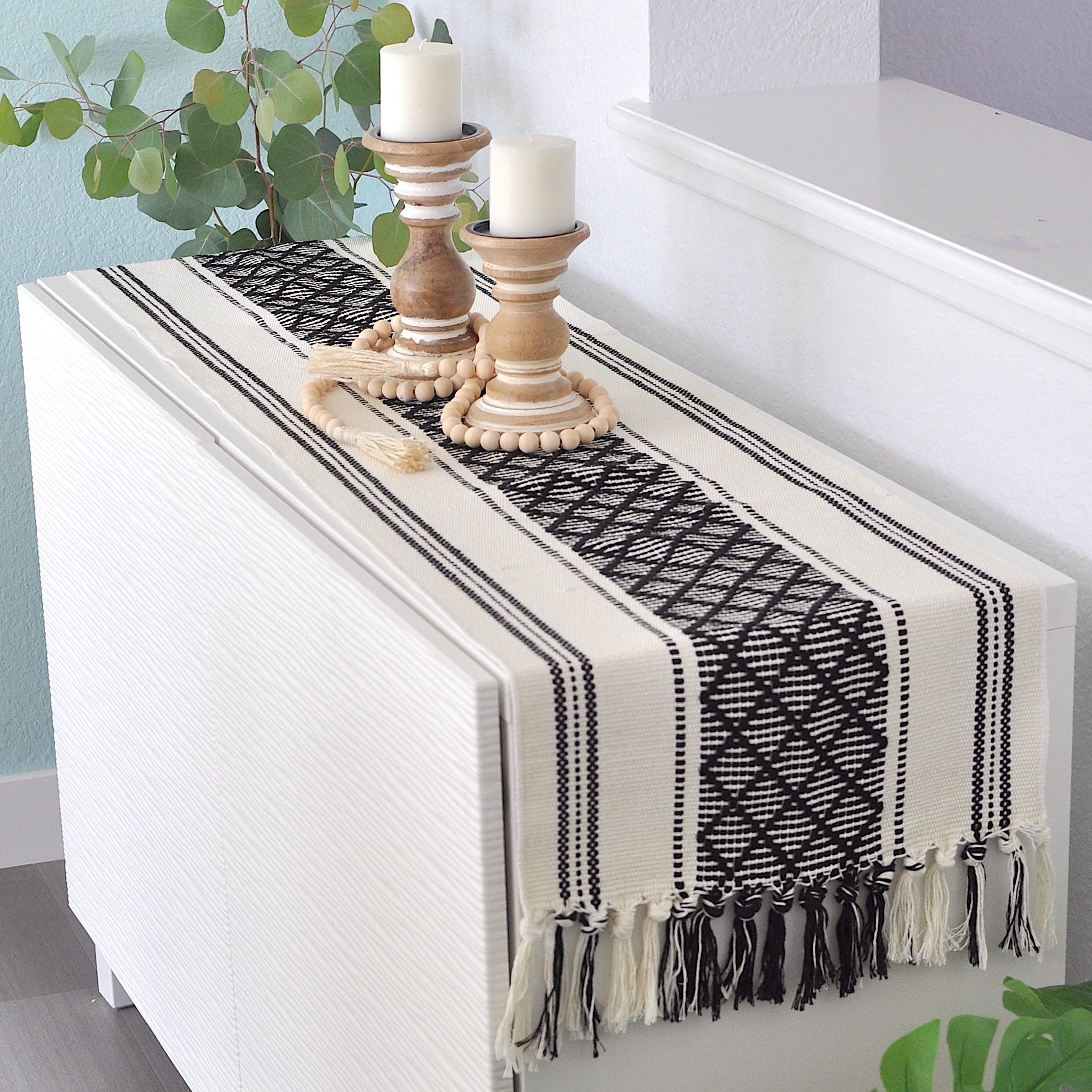 Oveesha Boho Table Runner With Tassel 14 X 72 Inches, Black & Cream | Woven Washable Dresser Scarf And Topper For Bedroom | Farm