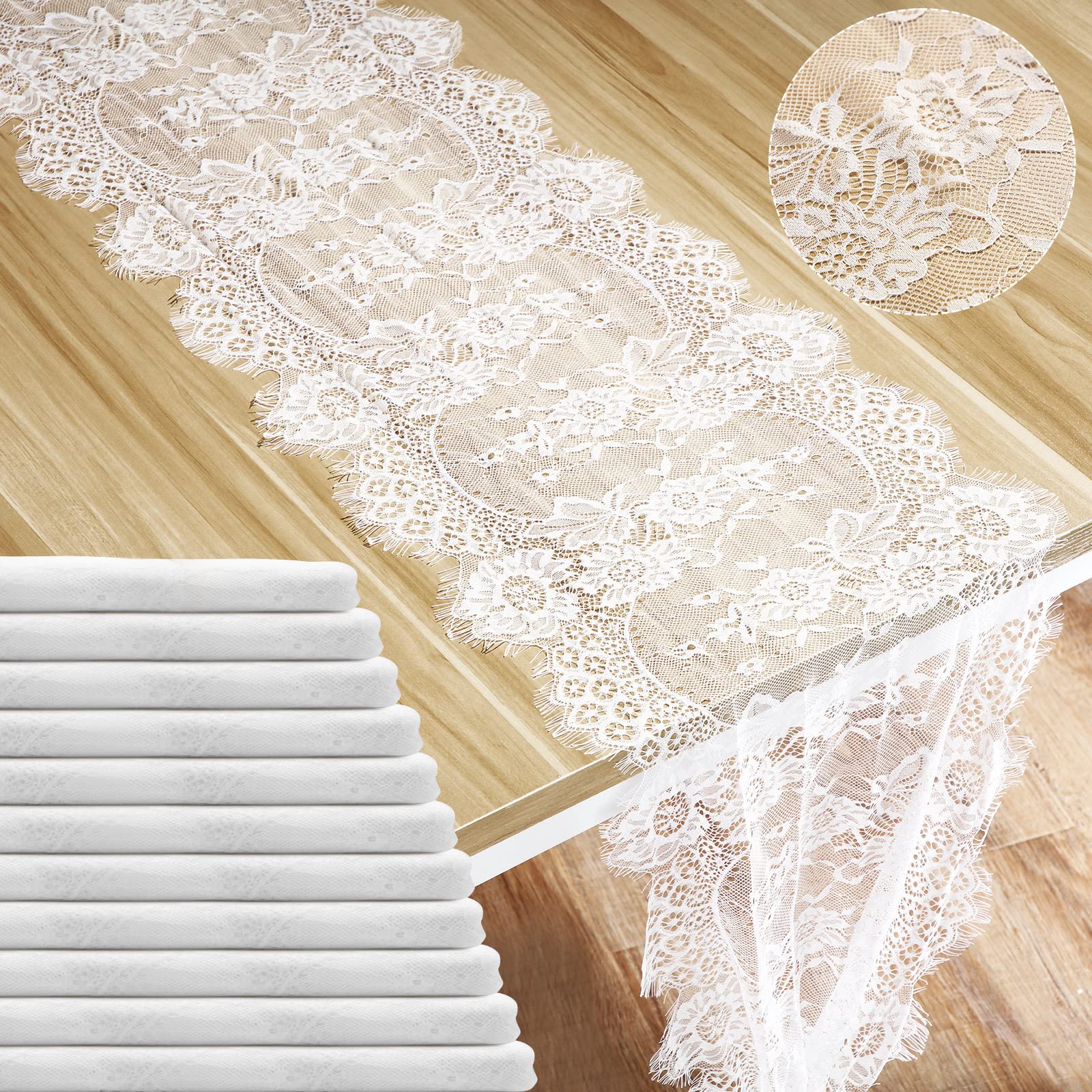 12 Pack Lace Table Runner 14 x 120 Inch White Rustic Lace Fabric Table Runners with Rose Embroidered Floral for Wedding Bridal V