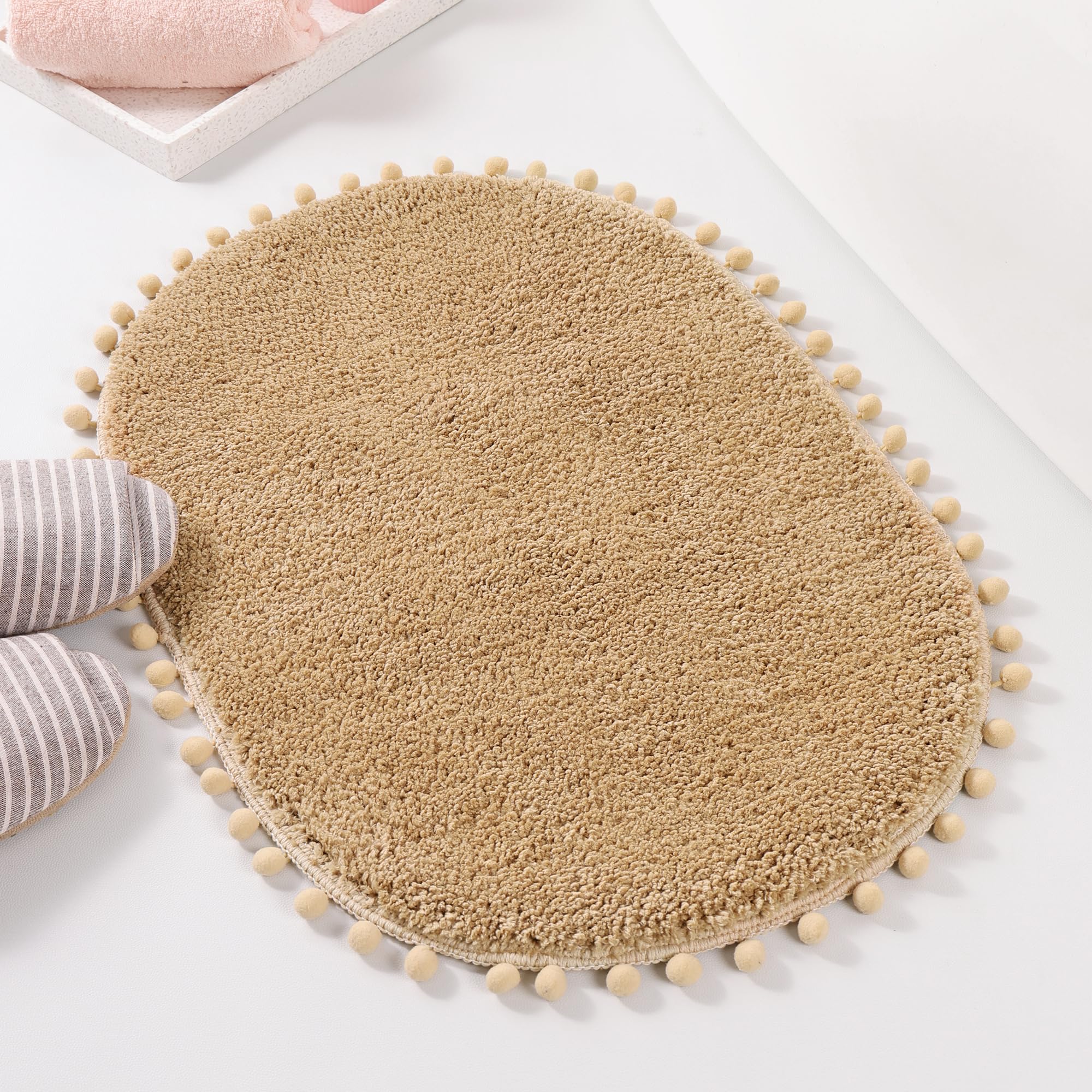 Yirddeo Bath Mat Khaki Oval Rug With Pom Bathroom Rugs For Bedroom Non Slip Cute Boho Absorbent Mats Soft Plush Washable Rug (20