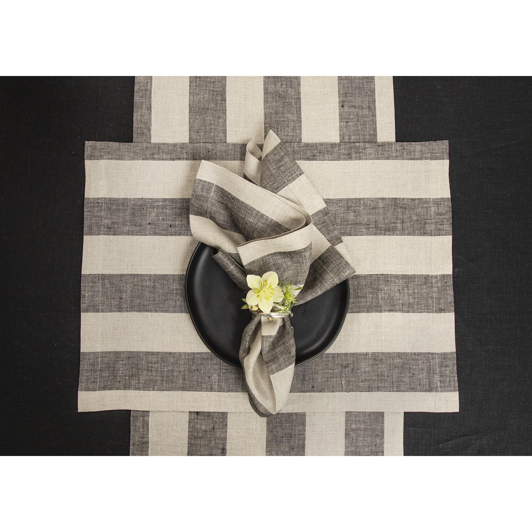 Solino Home Cabana Stripe Linen Table Runner 14 X 72 Inches Long - 100% Pure Linen Black And Natural Table Runner - Handcrafted