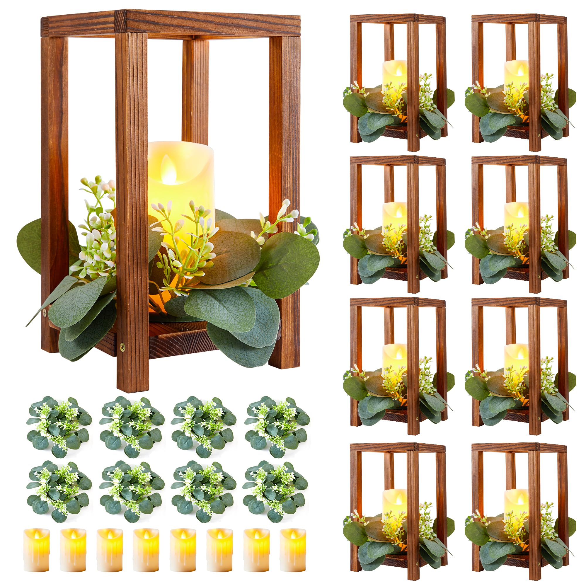 Neoflavie 8 Set/24 Pcs Wooden Wedding Lantern Centerpiece Include 8 Wooden Lantern Candle Holder 8 Flameless LED Candle 8 Eucaly