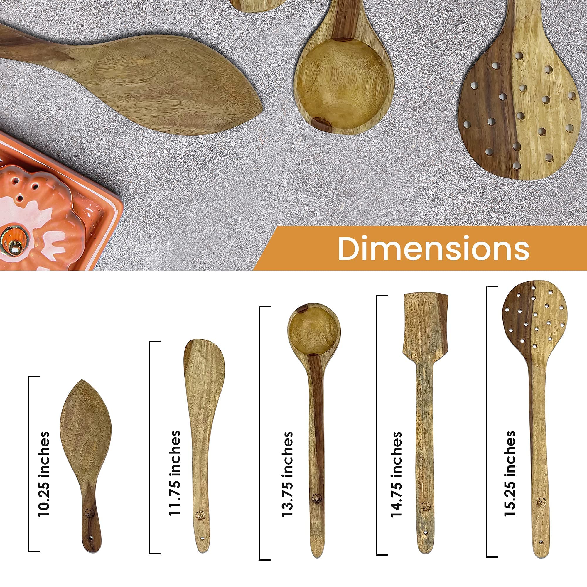 Palm Naki Indian Rosewood Cooking Spoons Set Of 5 Cooking Spoons - 5 Non-Stick Wood Cooking Spoons - Kitchen Cooking Utensils Wi