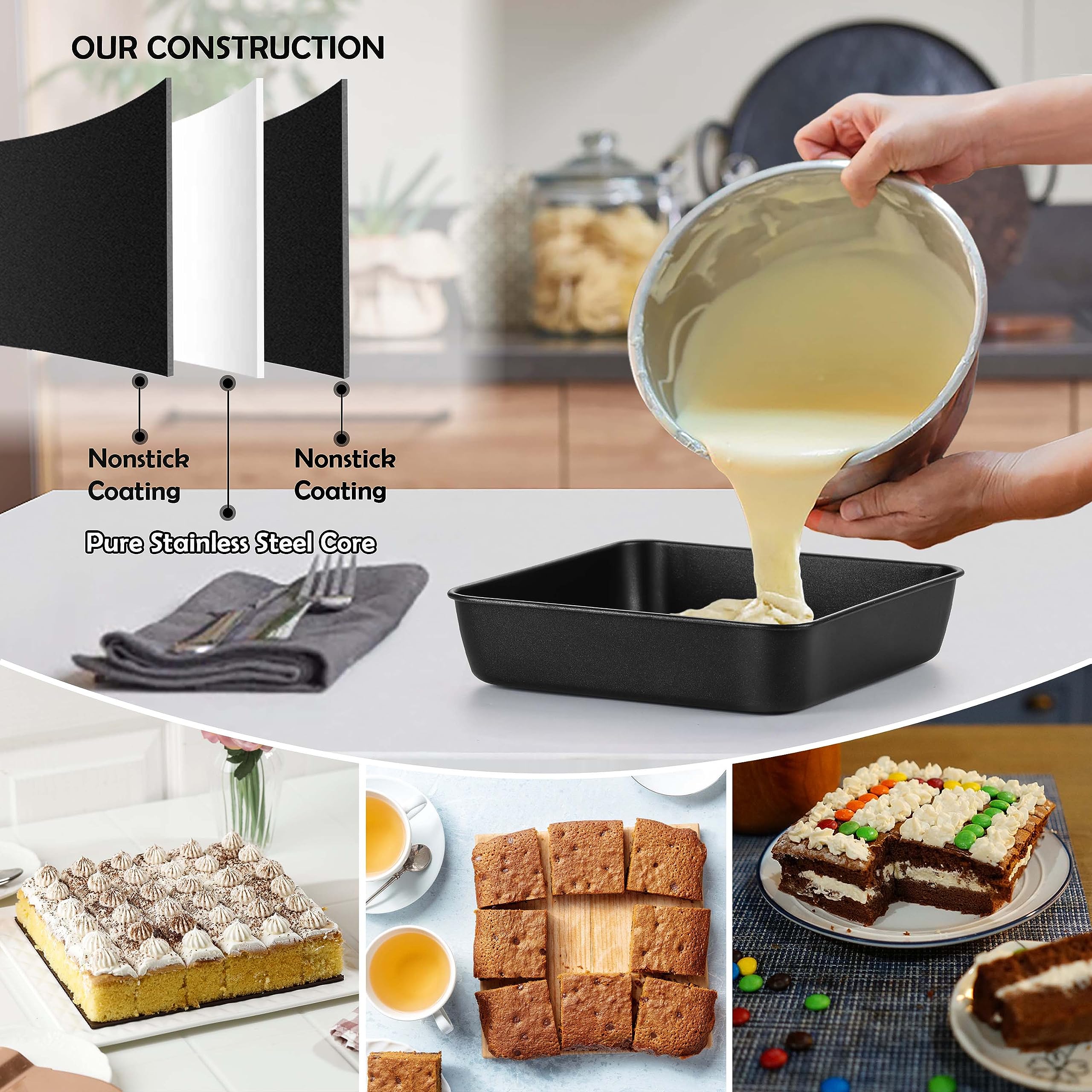 P&P Chef Square Baking Pan, 8 Inch Square Cake Lasagna Brownie Pan For Nonstick Baking Roasting, Stainless Steel Core With Non-S