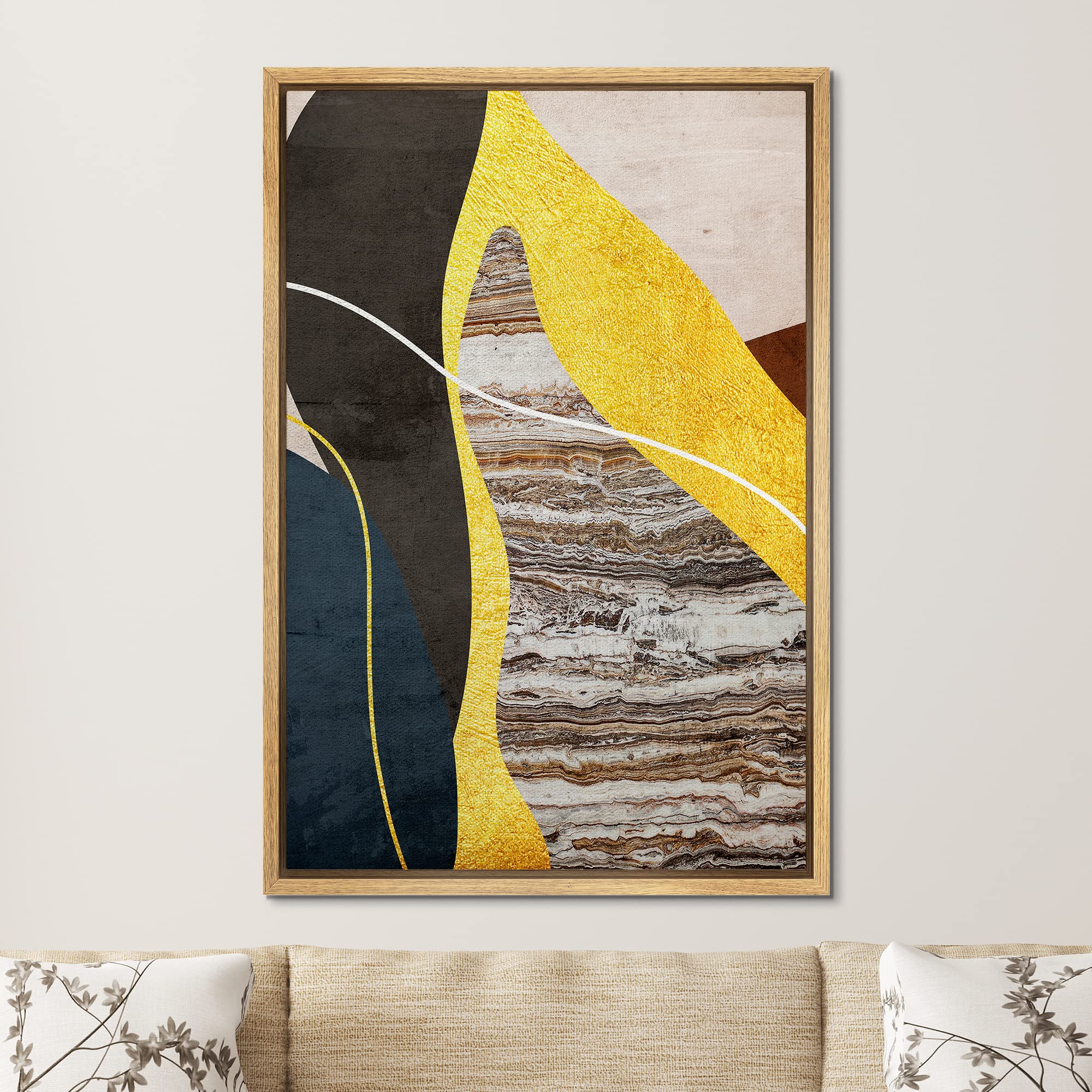 Signford Framed Canvas Print Wall Art Gold Brown Marble Granite Landscape Abstract Shapes Illustrations Modern Art Decorative Bo