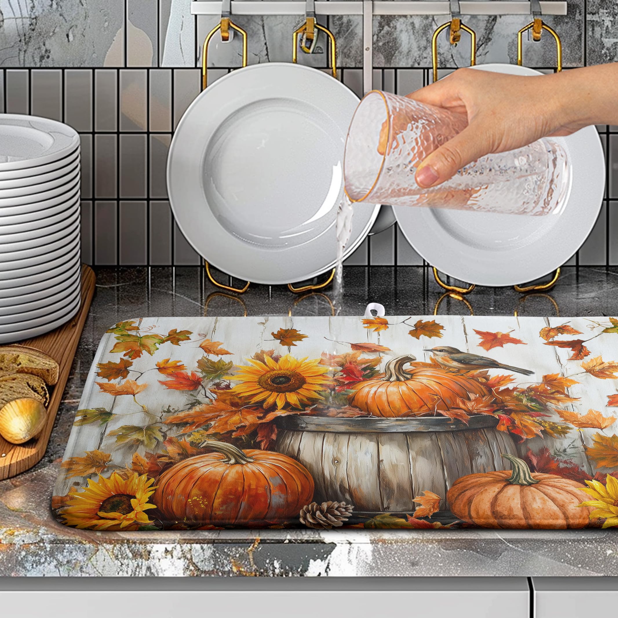 Wnoesat Fall Dish Drying Mat for Kitchen Counter Pumpkin Sunflower Maple Leaf Birds Drying Mats Autumn Thanksgiving Harvest Dish