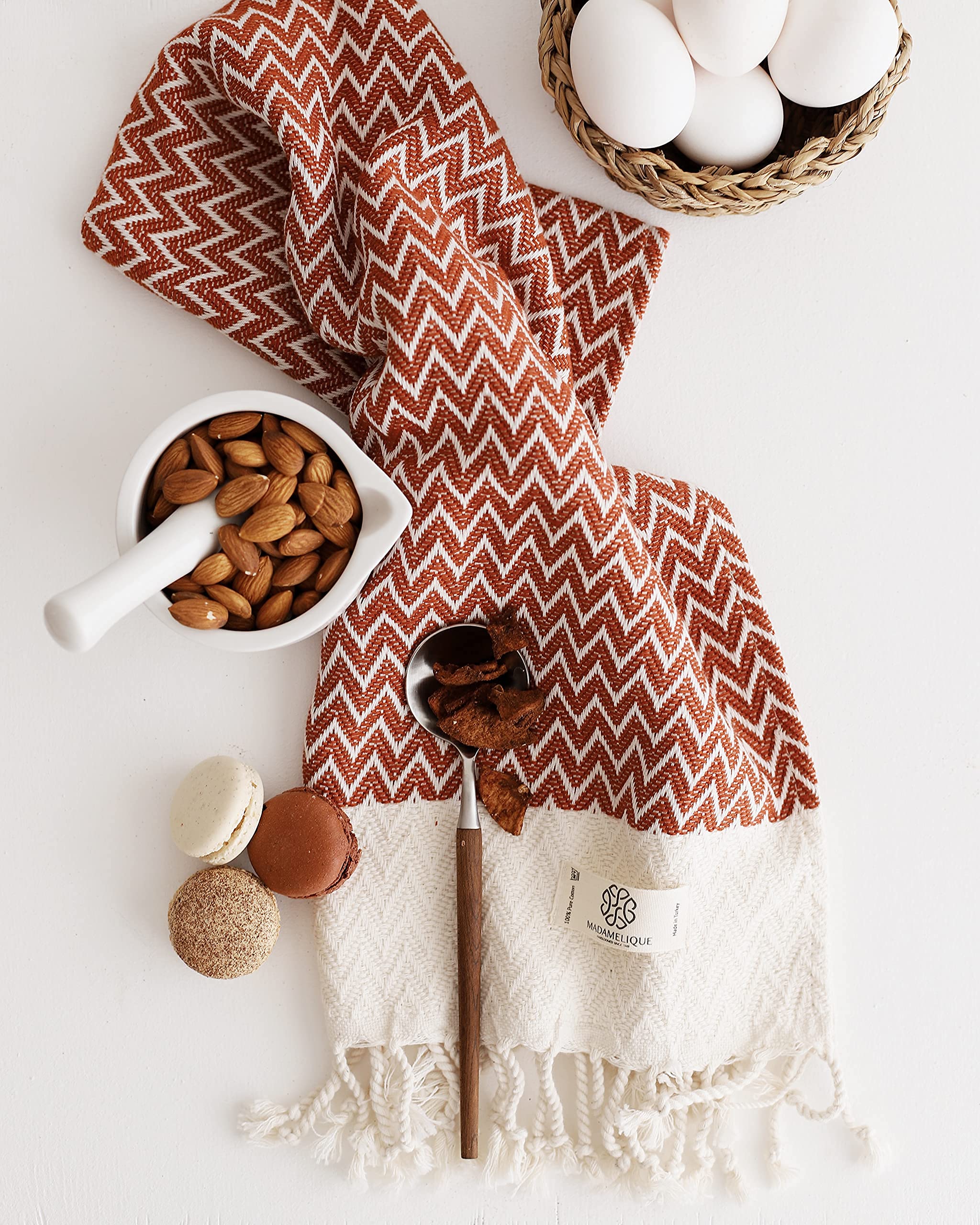 Madamelique Exclusive Hand Towels Set of 2-18 x 40 Inches - Decorative Bathroom Peshtemal Towel for Hand  Face  Hair  Yoga  Tea  Dishcloth  Kitchen and Bath - 100% Pure Cotton (Terracotta)