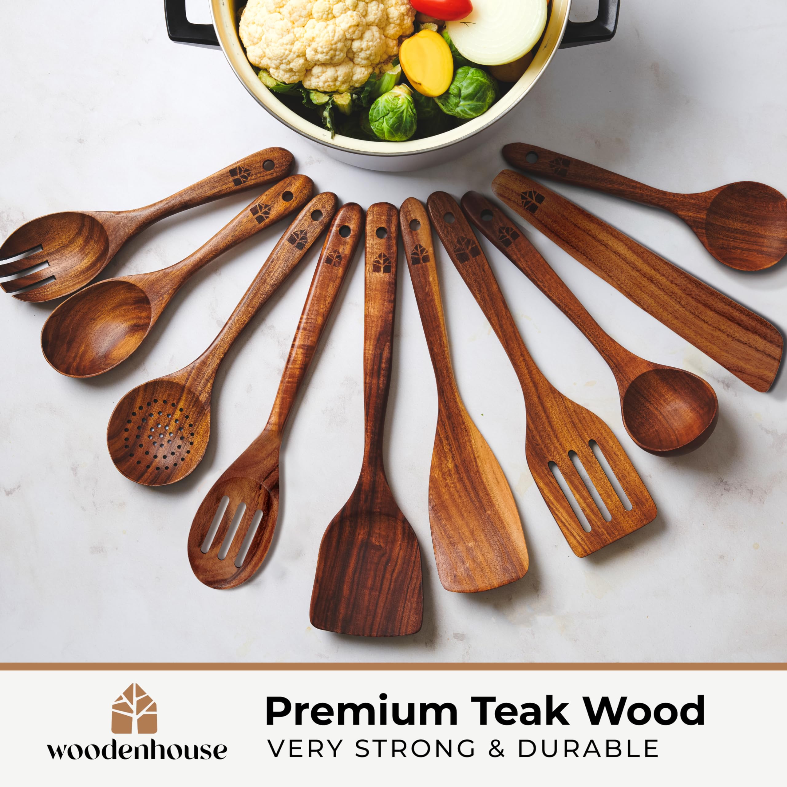 Wooden Spoons For Cooking - Wooden Cooking Utensils Set With Holder, Spoon Rest & Hooks, Teak Wood Nonstick Kitchen Cookware - D