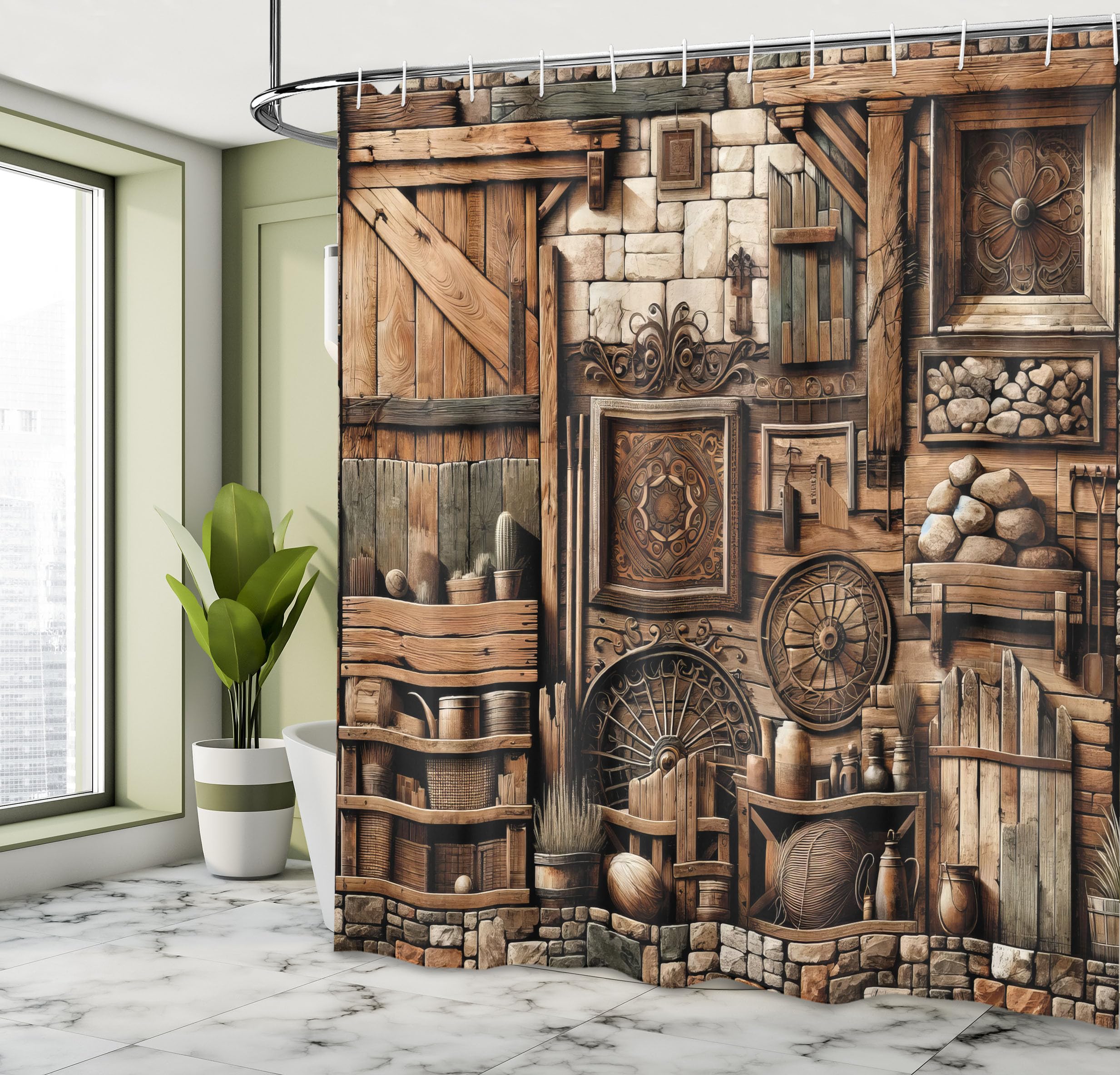 Ambesonne Rustic Shower Curtain, Weathered And Grunge Look Medieval Time Inspired Cottage Scene Wooden Details, Cloth Fabric Bat