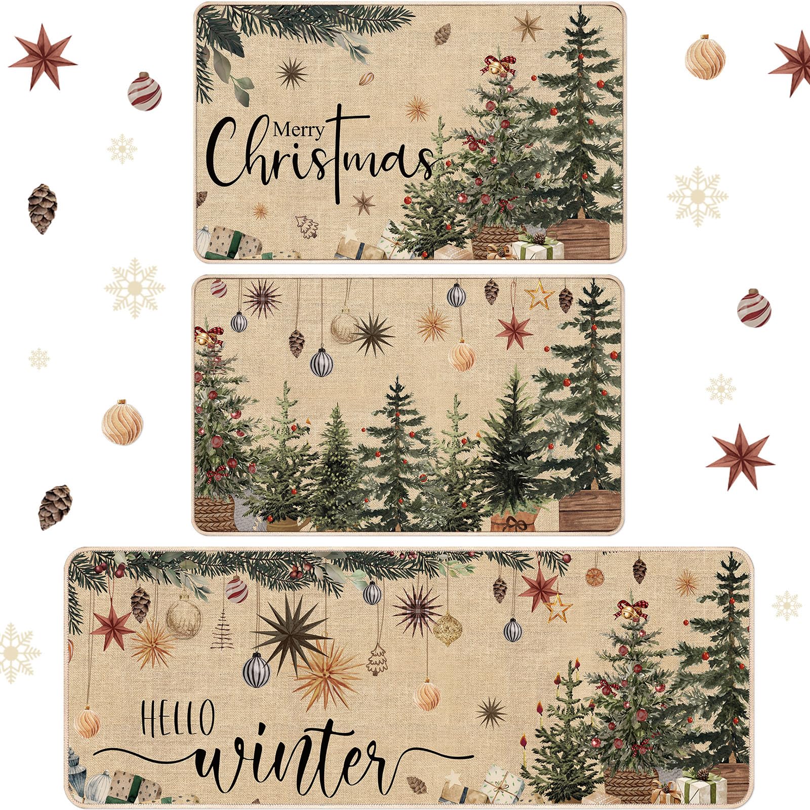Drydiet 3 Pcs Christmas Kitchen Rug and Mats Beige Winter Kitchen Floor Mat Anti Fatigue Non Slip Xmas Tree Doormat Neutral Mode