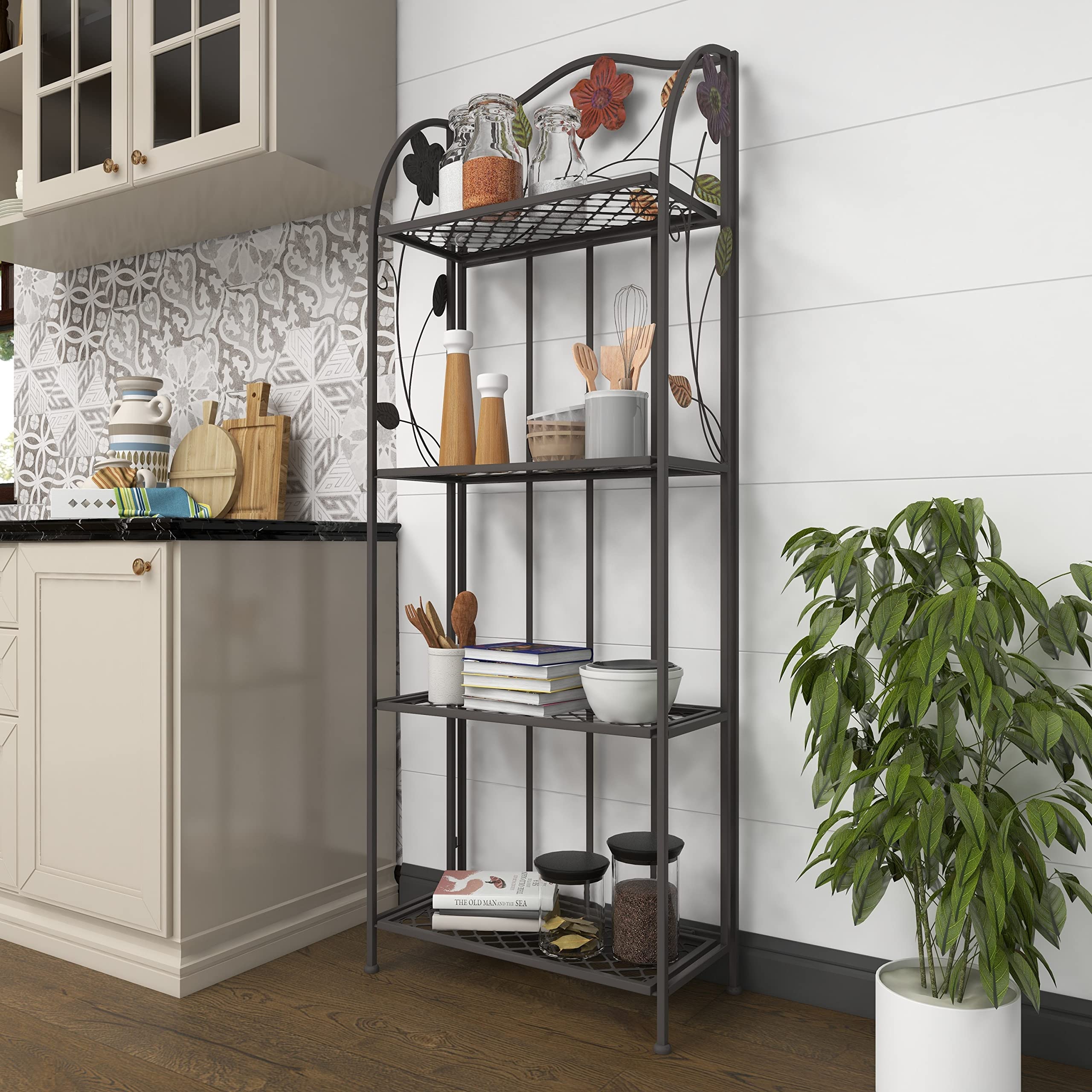 Deco 79 Metal Floral Indoor Outdoor Tall Folding 4 Shelf Bakers Rack, 25'' X 12'' X 68'', Black