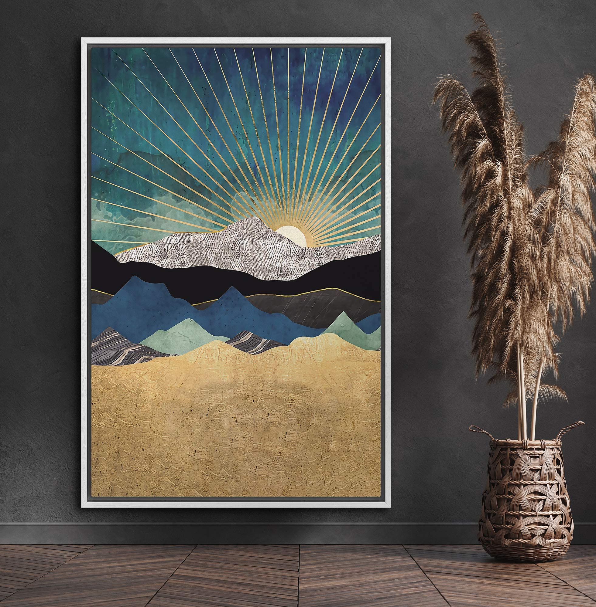 Signford Framed Canvas Print Wall Art Sun Peeks Over Granite Mountain Range Abstract Wilderness Illustrations Modern Art Scenic