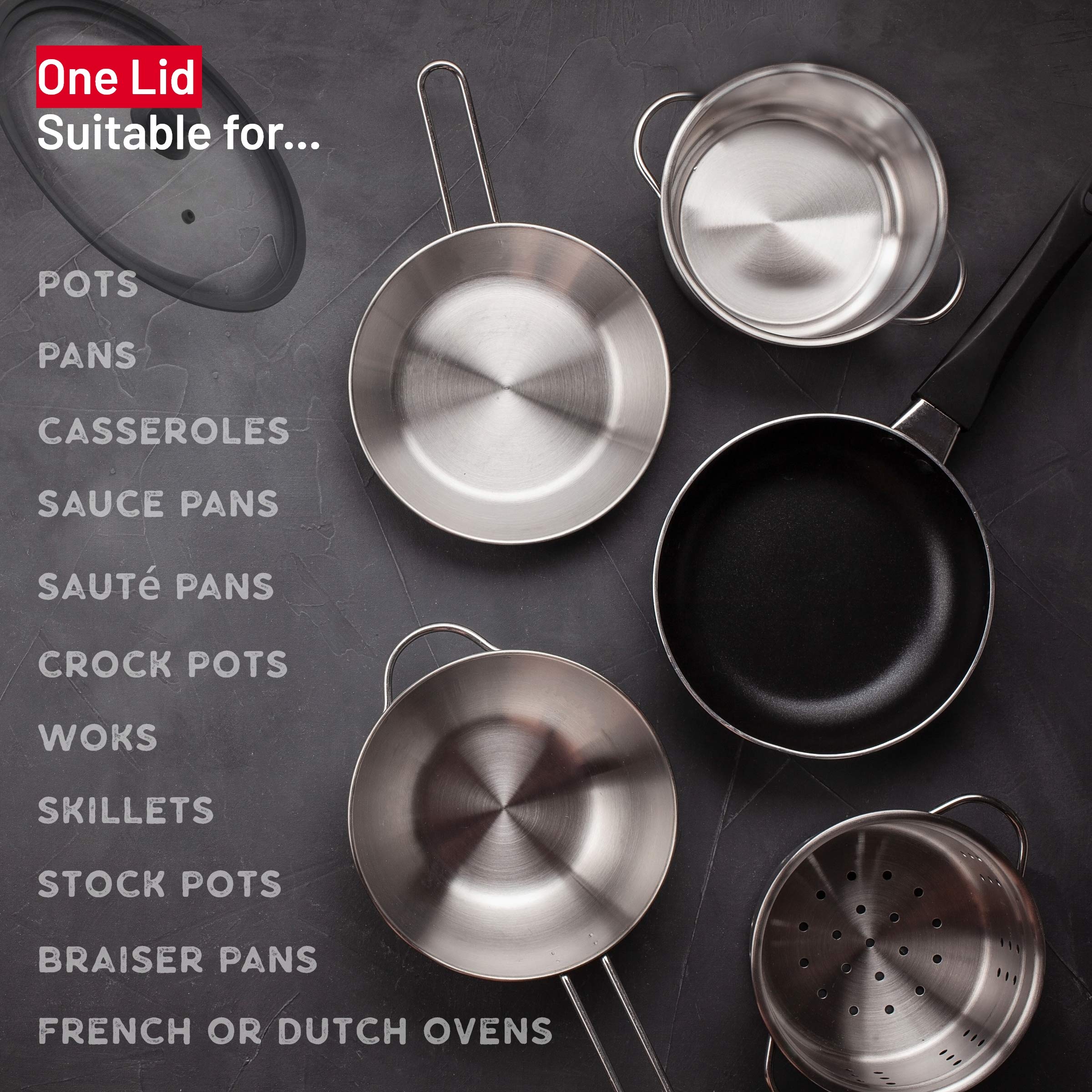 Bezrat Universal Round Lid For Pans, Pots And Skillets Vented Tempered Glass - Graduated Rim Fits 11'', 12'', 12.5 Inch Cookware