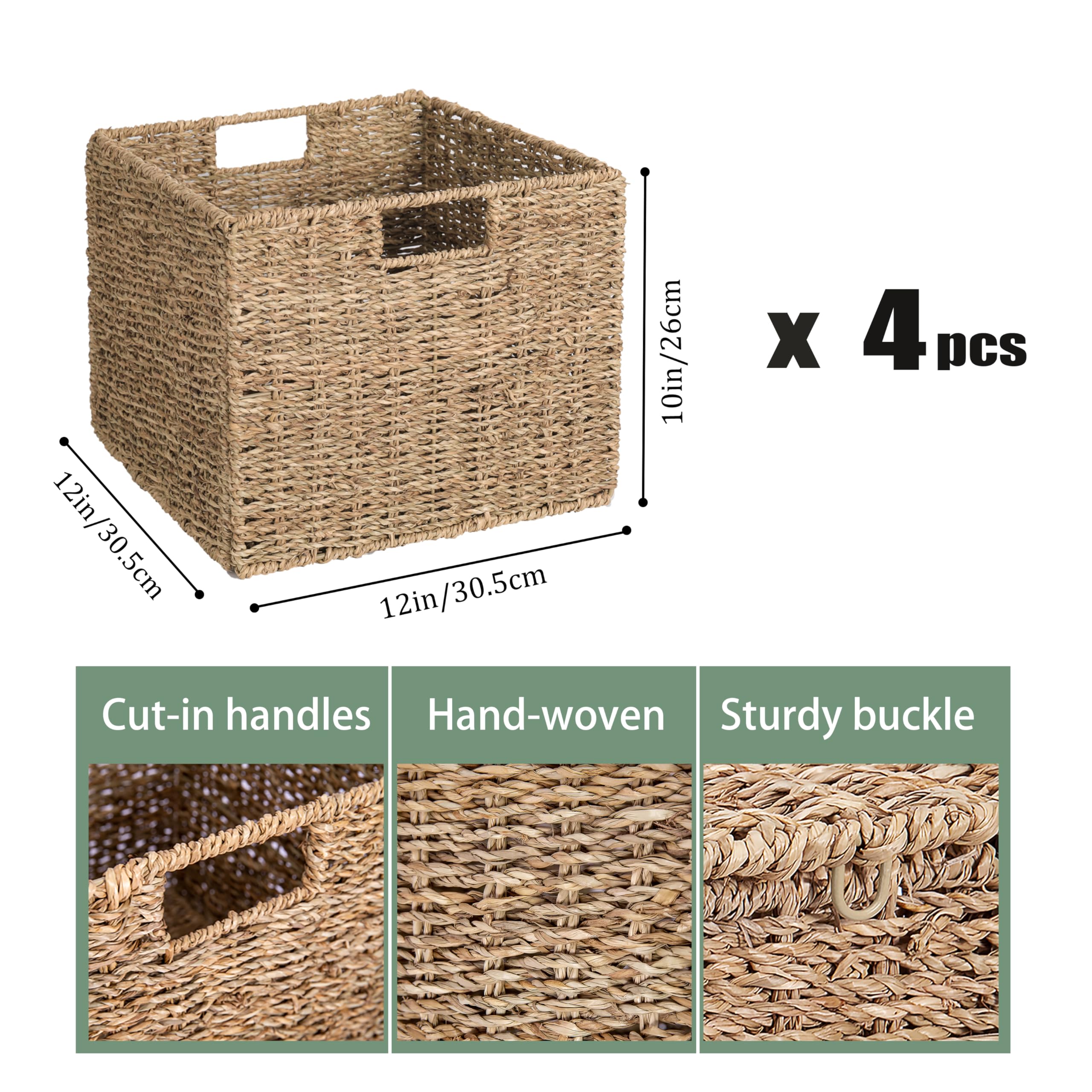 12X12X10In Seagrass Storage Baskets Set Of 4, Large Wicker Storage Basket, Decorative Seagrass Shelf Basket, Pantry Baskets Orga