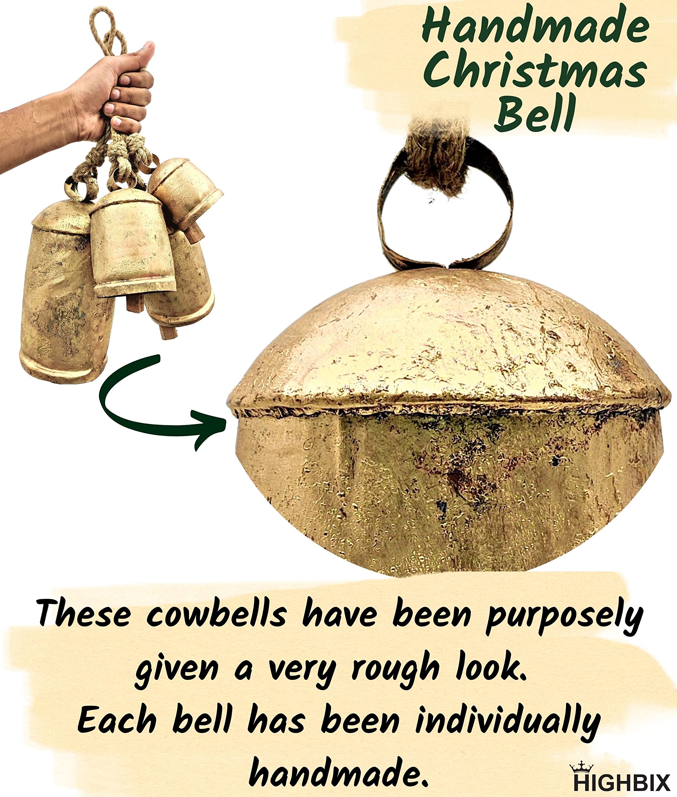 HIGHBIX Set of 3 Giant Harmony Cow Bells Huge Vintage Handmade Rustic Lucky Christmas Hanging XL Bells On Rope (Country Rustic,