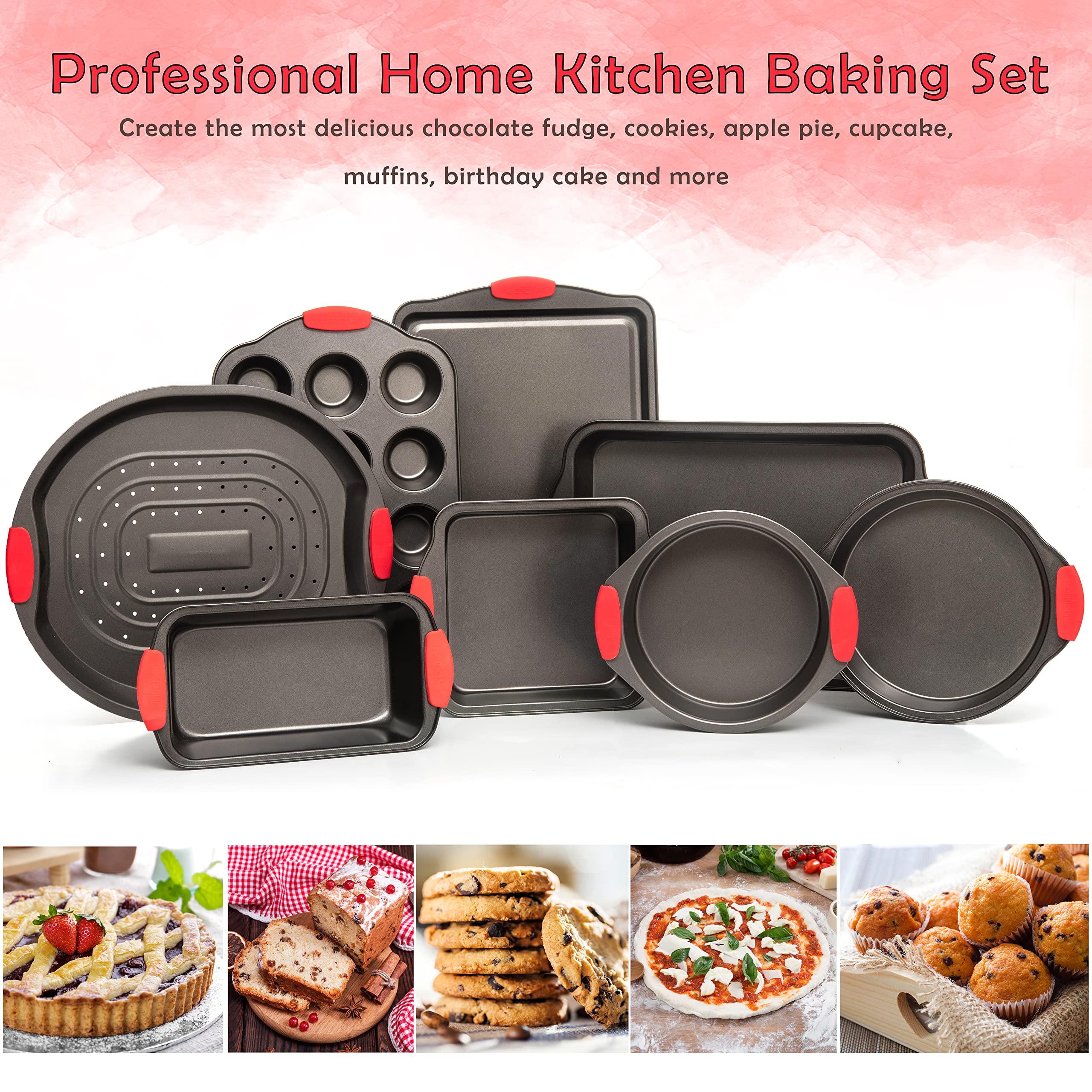 Moss & Stone 9 Piece Baking Pans Set Non Stick, Oven Safe Baking Sheet Set Carbon Steel Non-Stick Ptfe Coating, Bakeware Set Wit