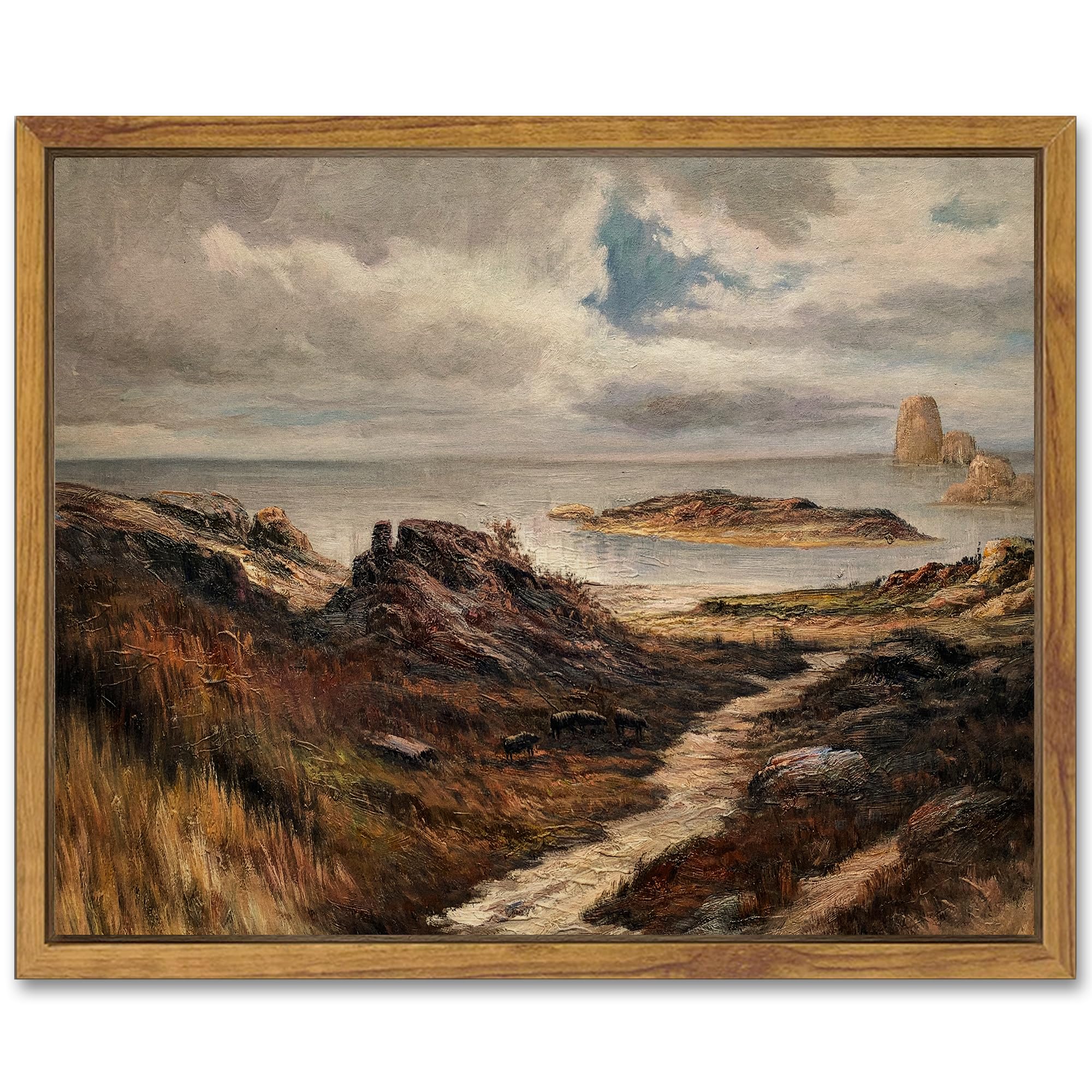 Shenify Landscape Framed Canvas Wall Art Vintage Classical Seaside Path Wilderness Prints Modern Hallway Kitchen Office Decor -