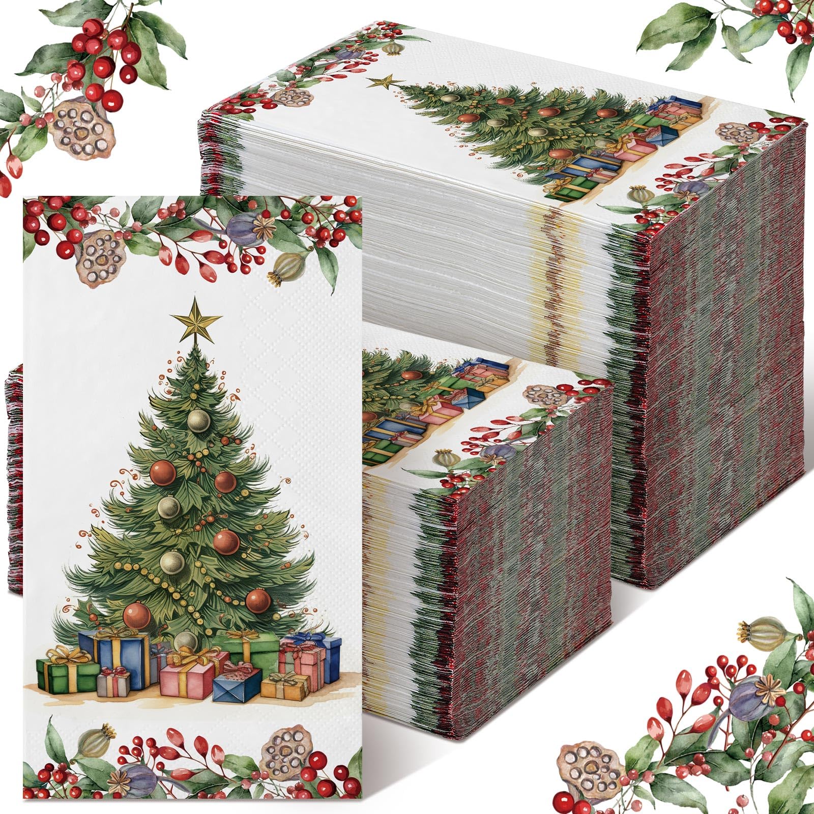 Epakh 100 Pcs Bulk Vintage Christmas Guest Napkins 2 Ply Disposable Christmas Tree Decorative Paper Napkins for Decoupage Paper 