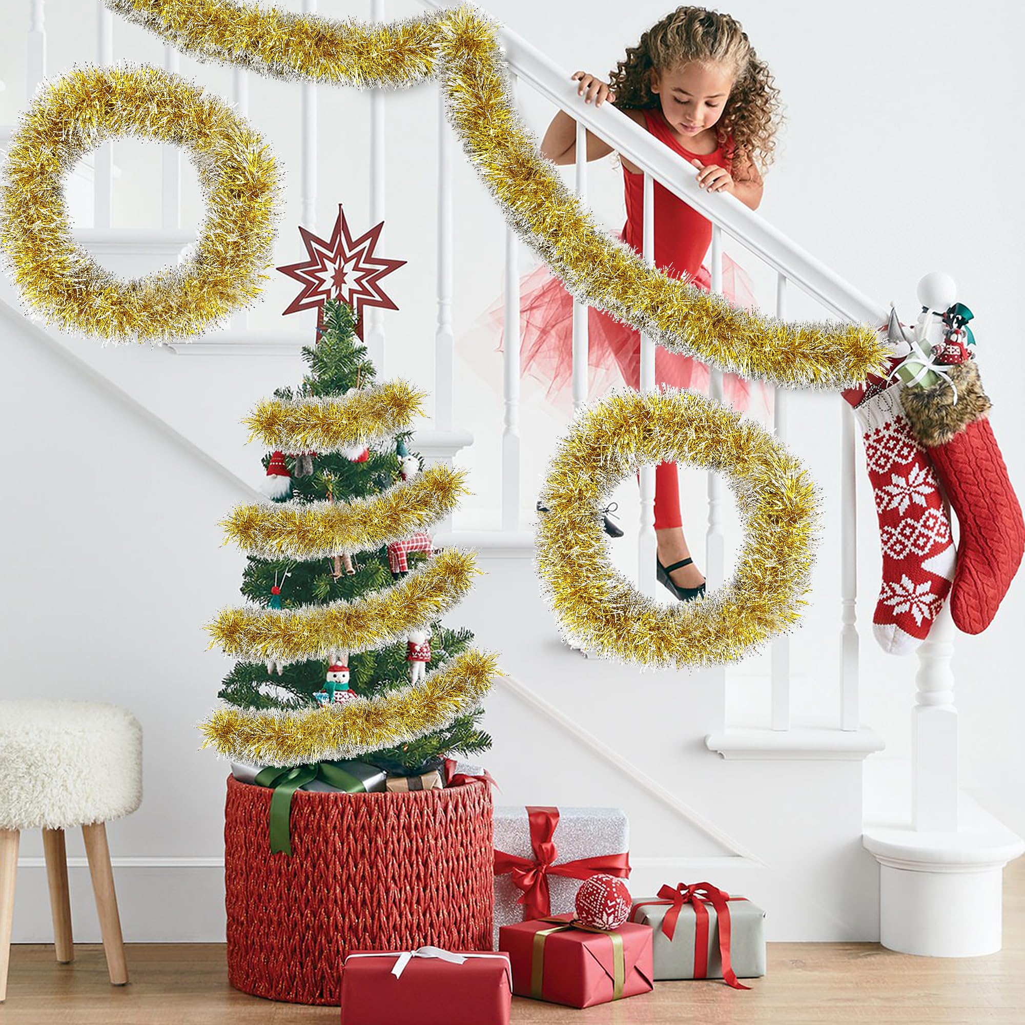 50FT Christmas Tinsel Garland Gold Metallic Twist Xmas Frosted Tip Hanging Garland for Christmas Tree Decoration Indoor Outdoor