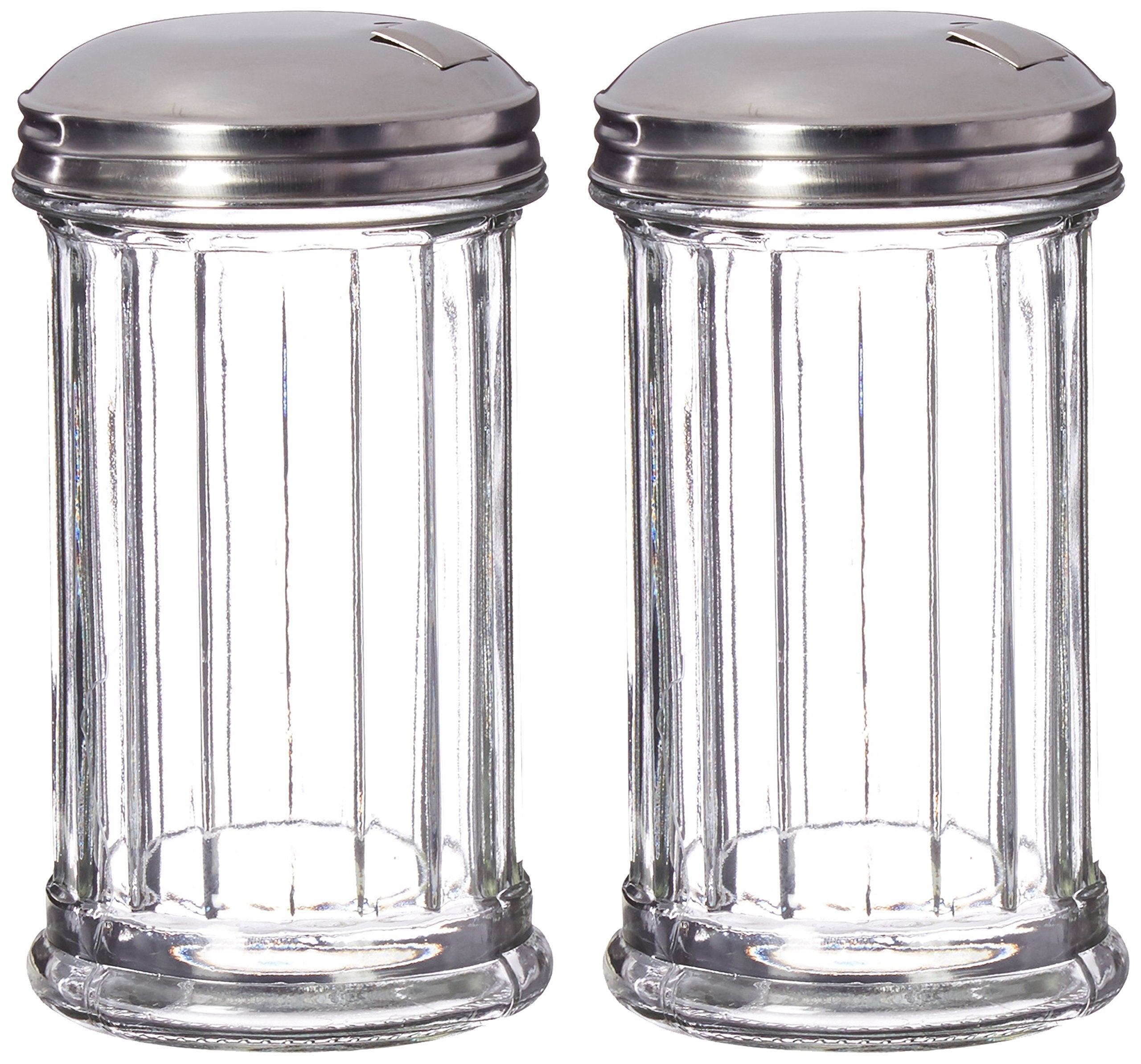 Update International Retro Style Sugar Dispenser/Pourer/Shaker, Glass Jar, Stainless Steel Pour-Flap Lid, 12 Oz, Set Of 2