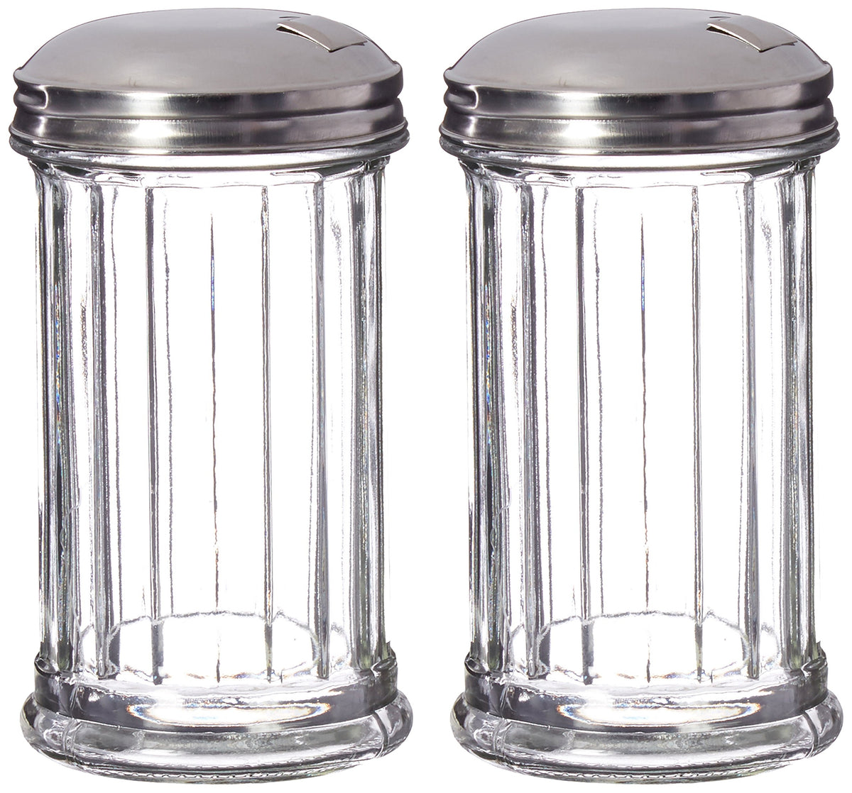 Update International Retro Style Sugar Dispenser/Pourer/Shaker, Glass Jar, Stainless Steel Pour-Flap Lid, 12 Oz, Set Of 2
