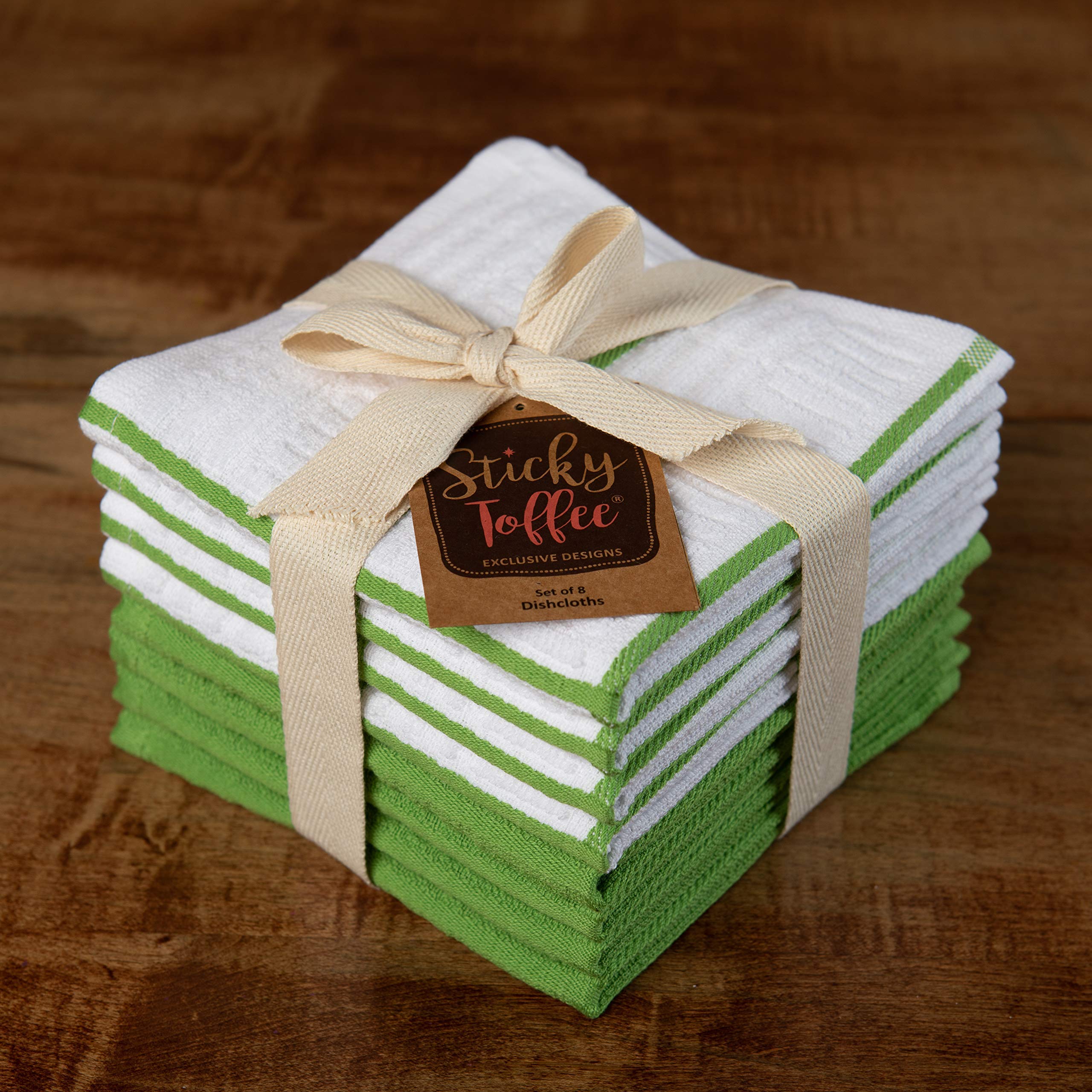 Kitchen Towels Dishcloths 100% Cotton  Set of 8  Green and White Dish Cloth Towels  Tea Towels  Reusable and Absorbent Cleaning Cloths  Oeko-Tex Cotton  12 in x 12 in