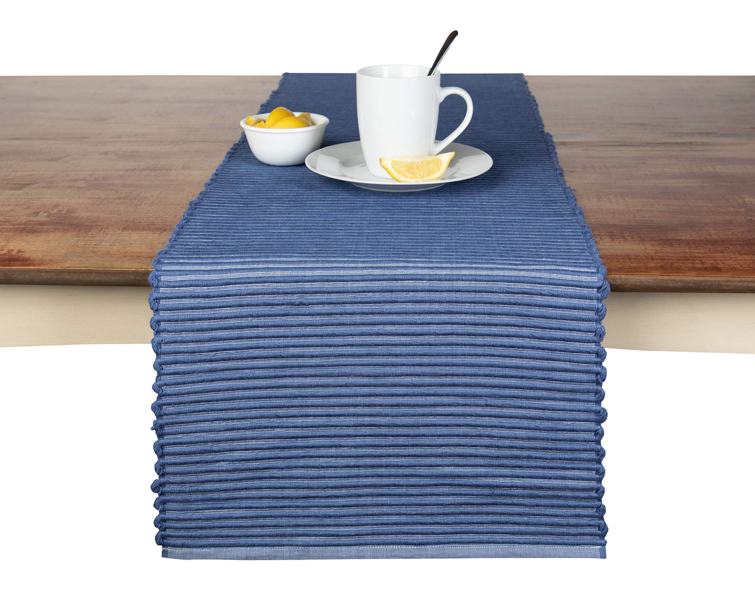 Sticky Toffee Table Runner Cotton Farmhouse Boho 14 In X 72 In, Table D   Cor For Kitchen Or Dining, Blue Cloth Woven Ribbed Tab
