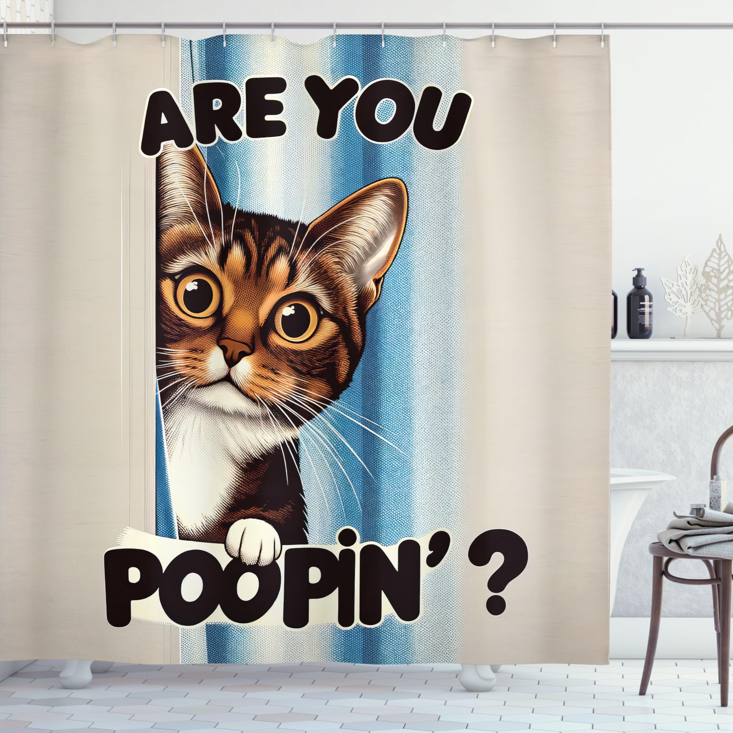 Ambesonne Cat Shower Curtain, Vintage Curious Brown Kitten With Are You Poopin' Writing Joke Humor Themed, Cloth Fabric Bathroom