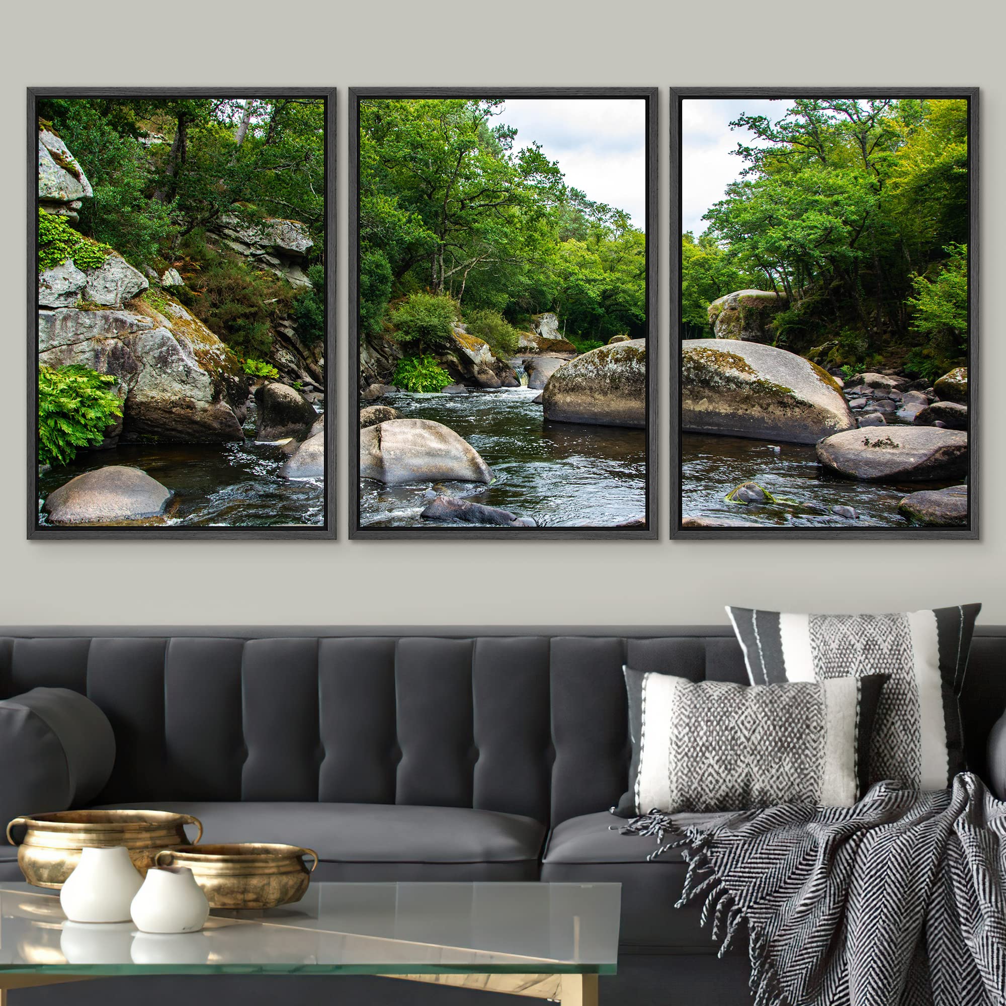 Signwin 3 Piece Framed Canvas Wall Art Forest Rivers Canvas Prints Home Artwork Decoration For Living Room,Bedroom - 24''X36''X3