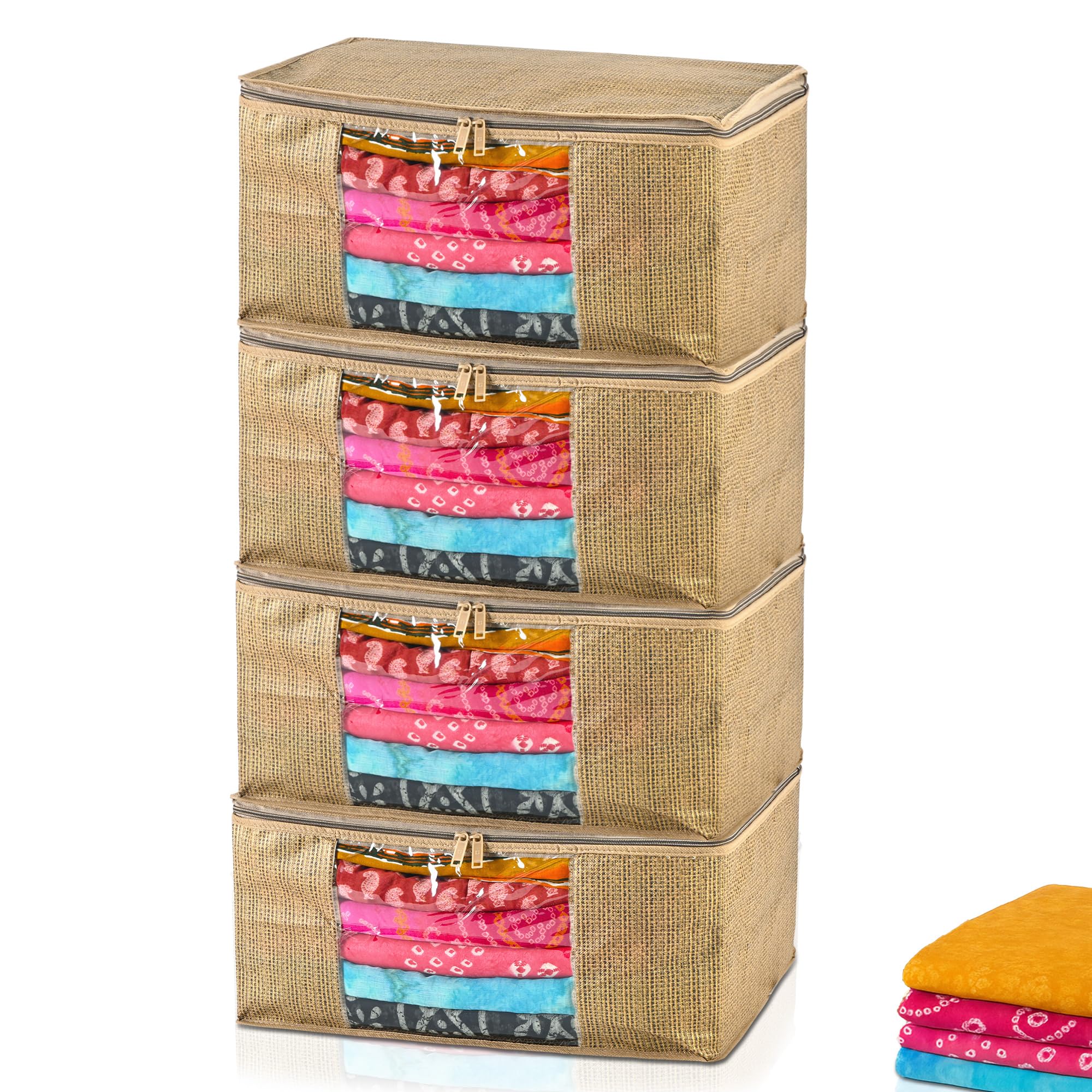 Kuber Industries 4 Pcs Non Woven 9 Inch Saree Covers For Storage With Zip Transparent | Saree Organiser For Wardrobe & Suitcase 