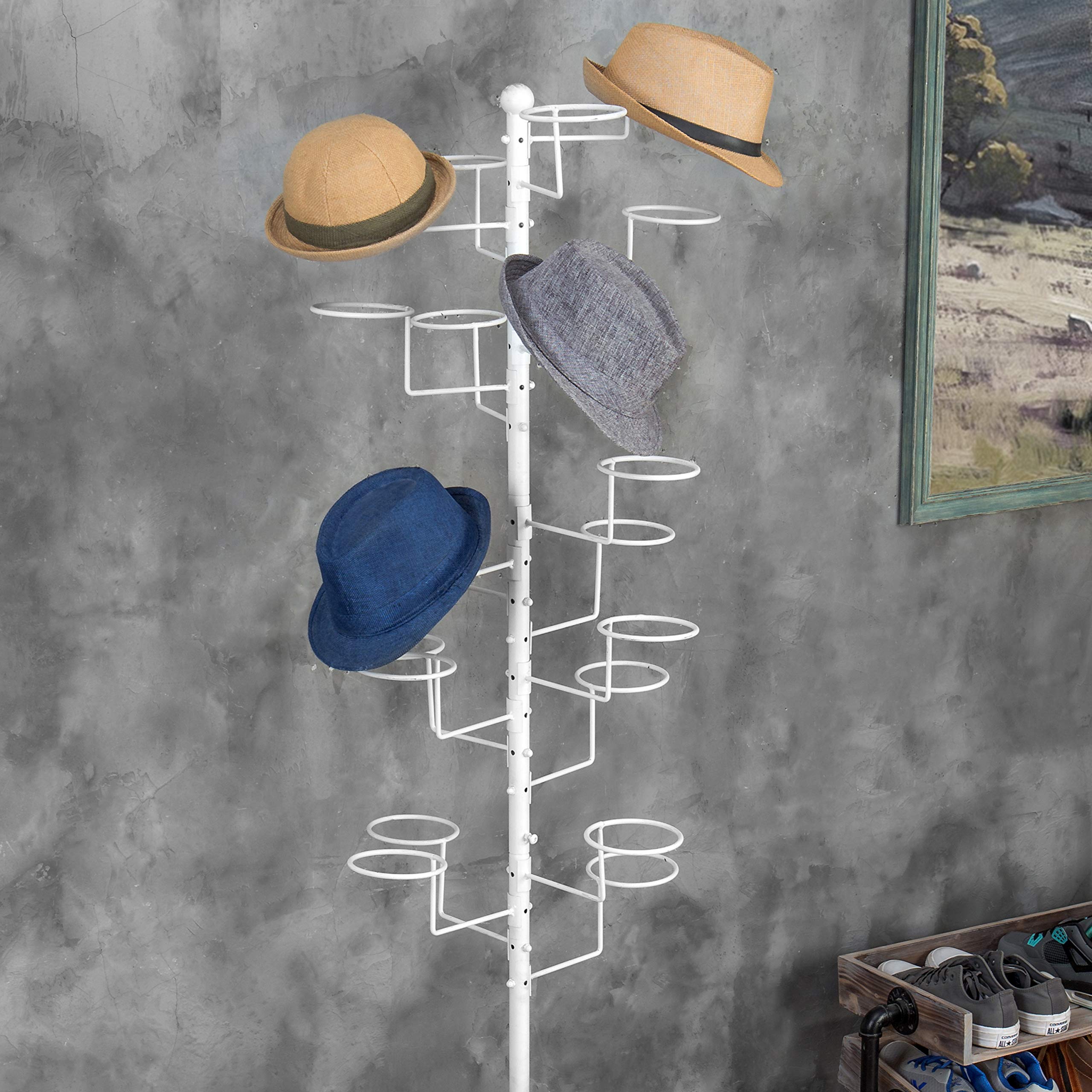 Mygift Modern Large Freestanding Hat Rack Stand, White Metal Retail Wig Or Hat Display Stand With 20 Customizable Circular Hooks