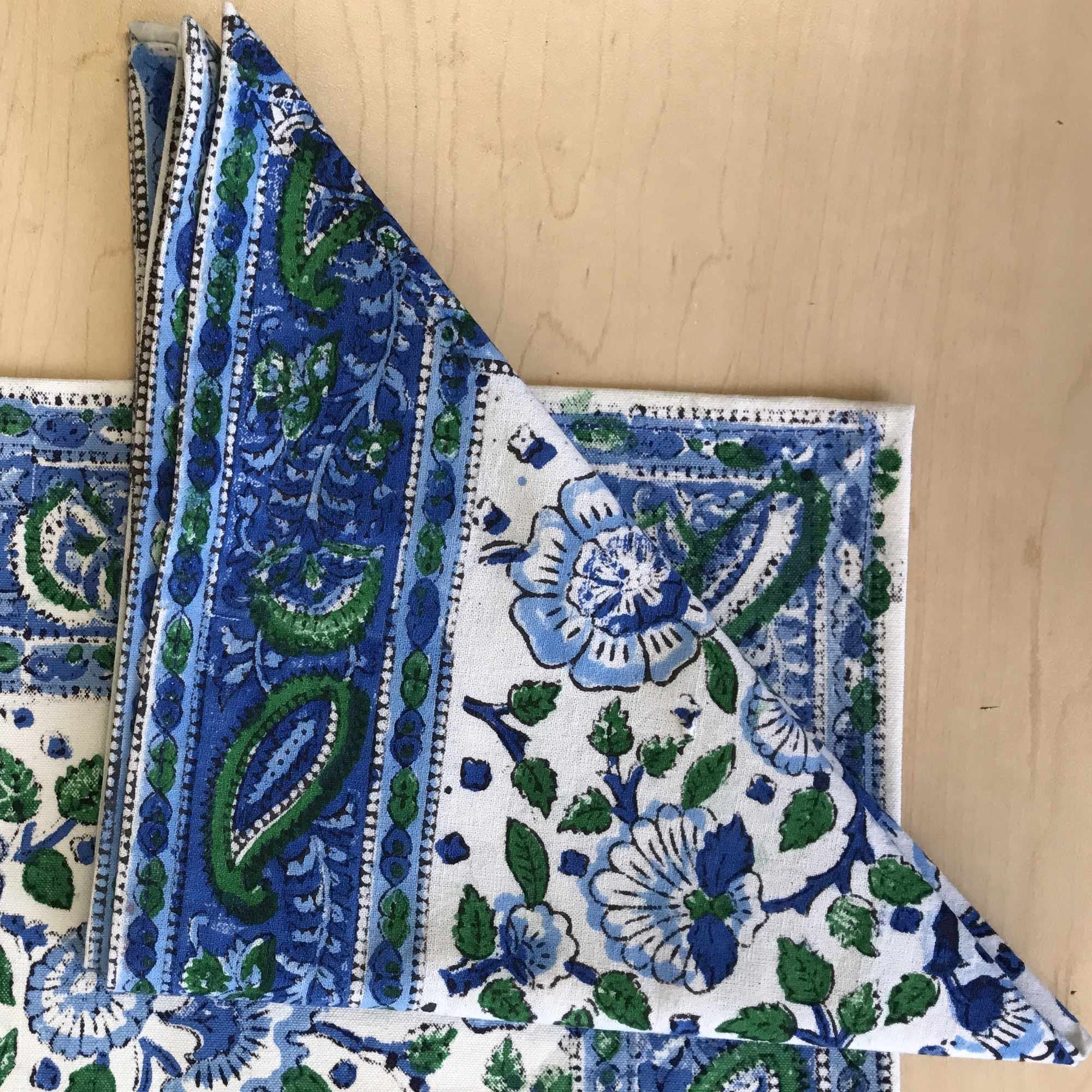Handmade 100% Cotton Floral Block Print Napkin Table Linen Blue Green 19'' X 19''