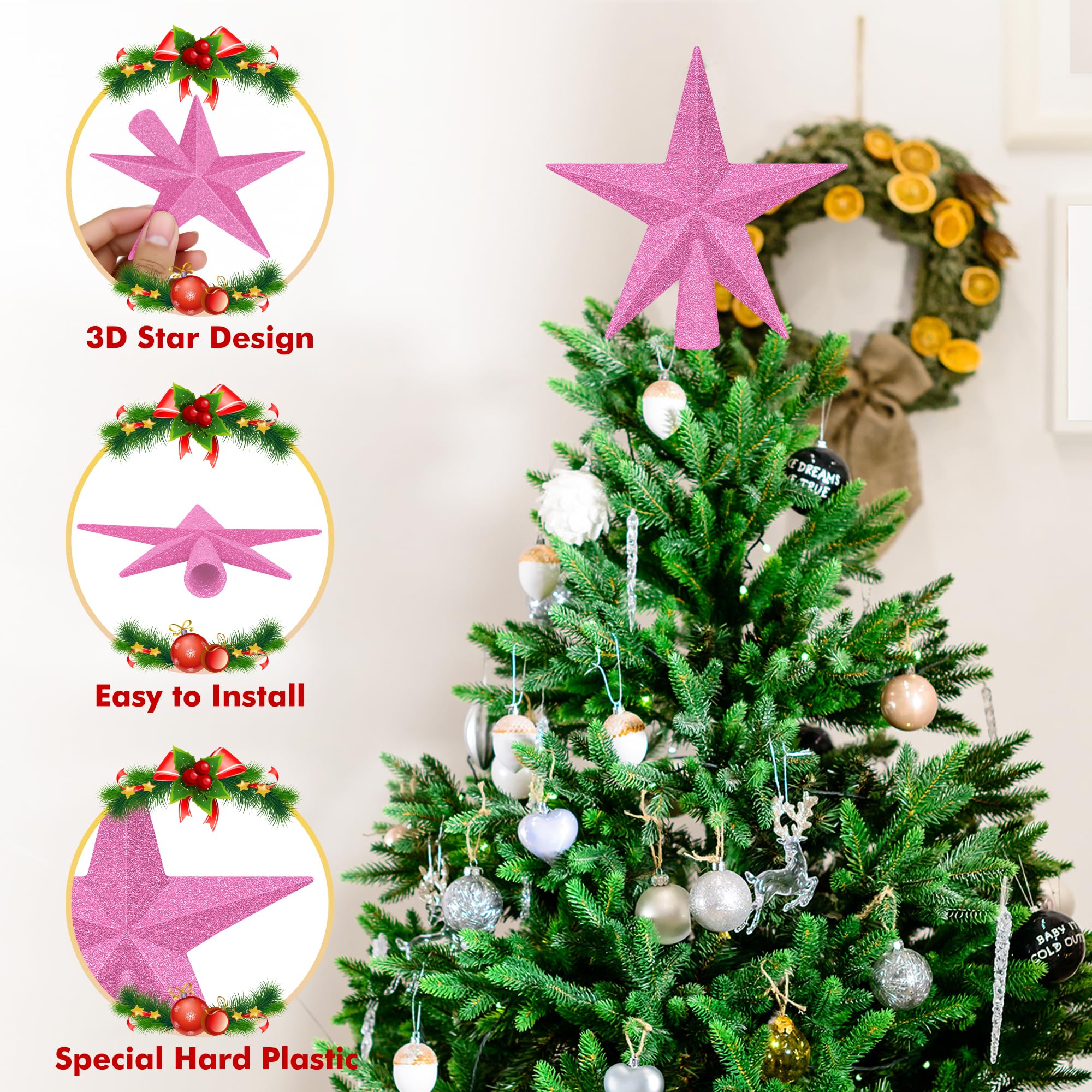 1PCS Christmas Tree Star Topper, 4 3D Pink Xmas Tree Topper Decorations, Glitter Shatterproof Mini Bethlehem Star Tree Decor, Wa