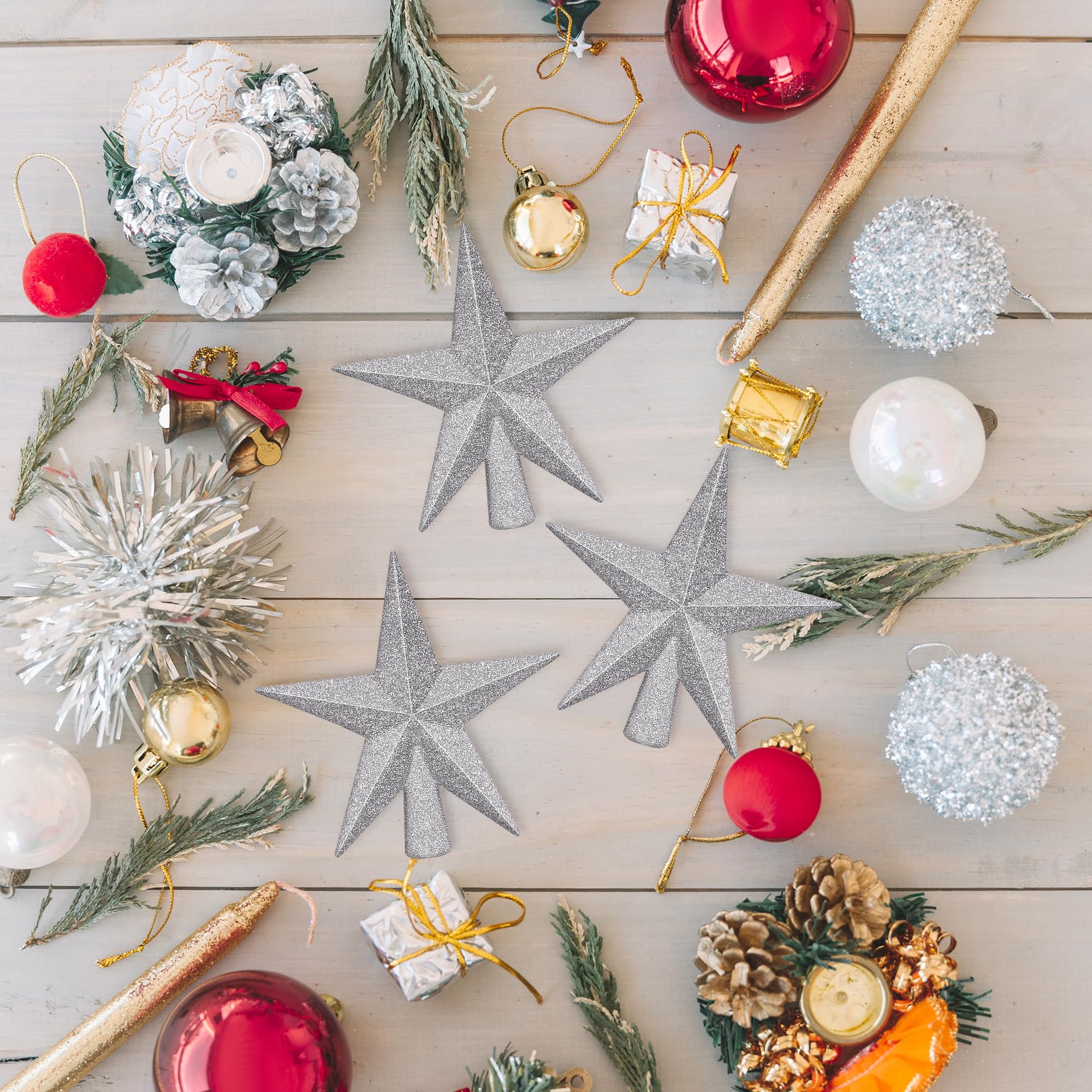 1PCS Tree Topper, 4 Star Christmas Tree Topper Glitter Sliver, Mini Bethlehem Star Xmas Shatterproof Tree Topper Decorations, Wa