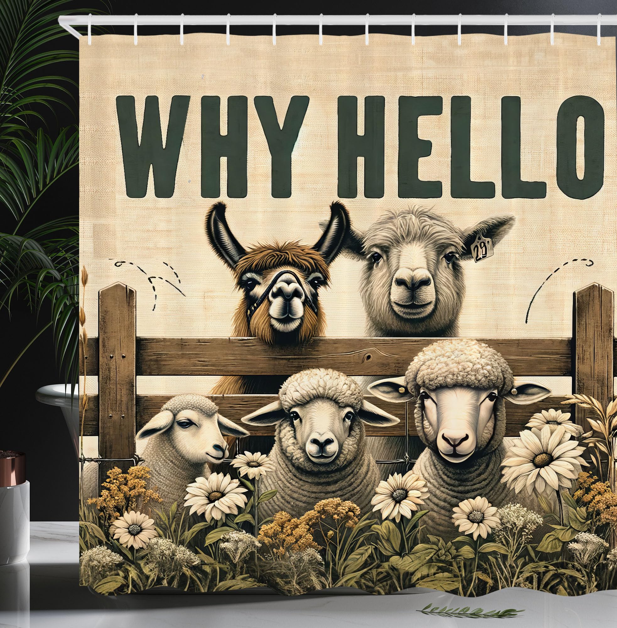 Ambesonne Farmhouse Shower Curtain, Why Hello Lettering With Alpaca Cow And Sheep In Meadow Flowers, Cloth Fabric Bathroom Decor