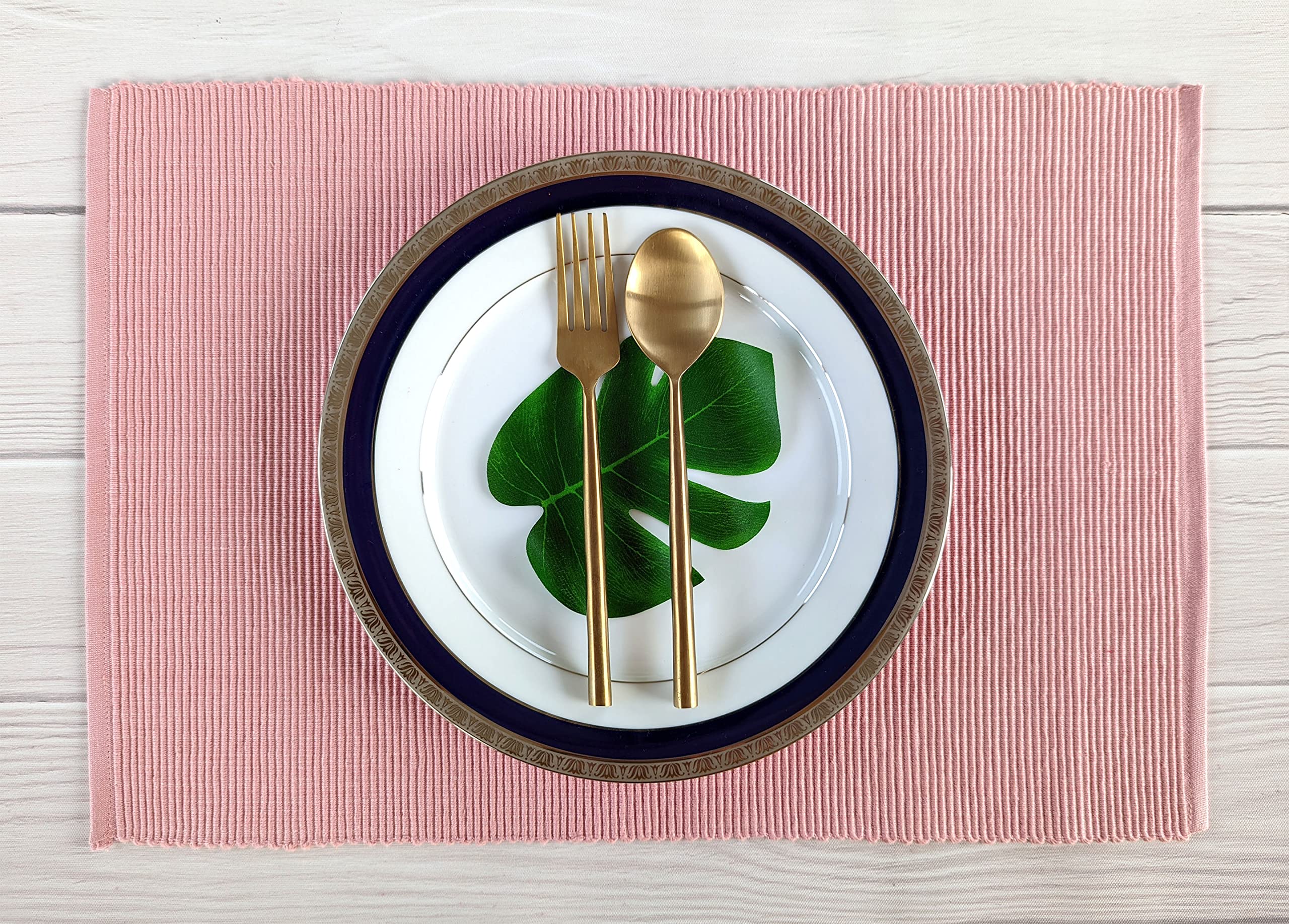 Avka Studio 100% Cotton Ribbed Placemats - Set Of 4-13 X 19 Inches - Dull Pink - Everyday Basic Cloth Table Mats - Thick Constru