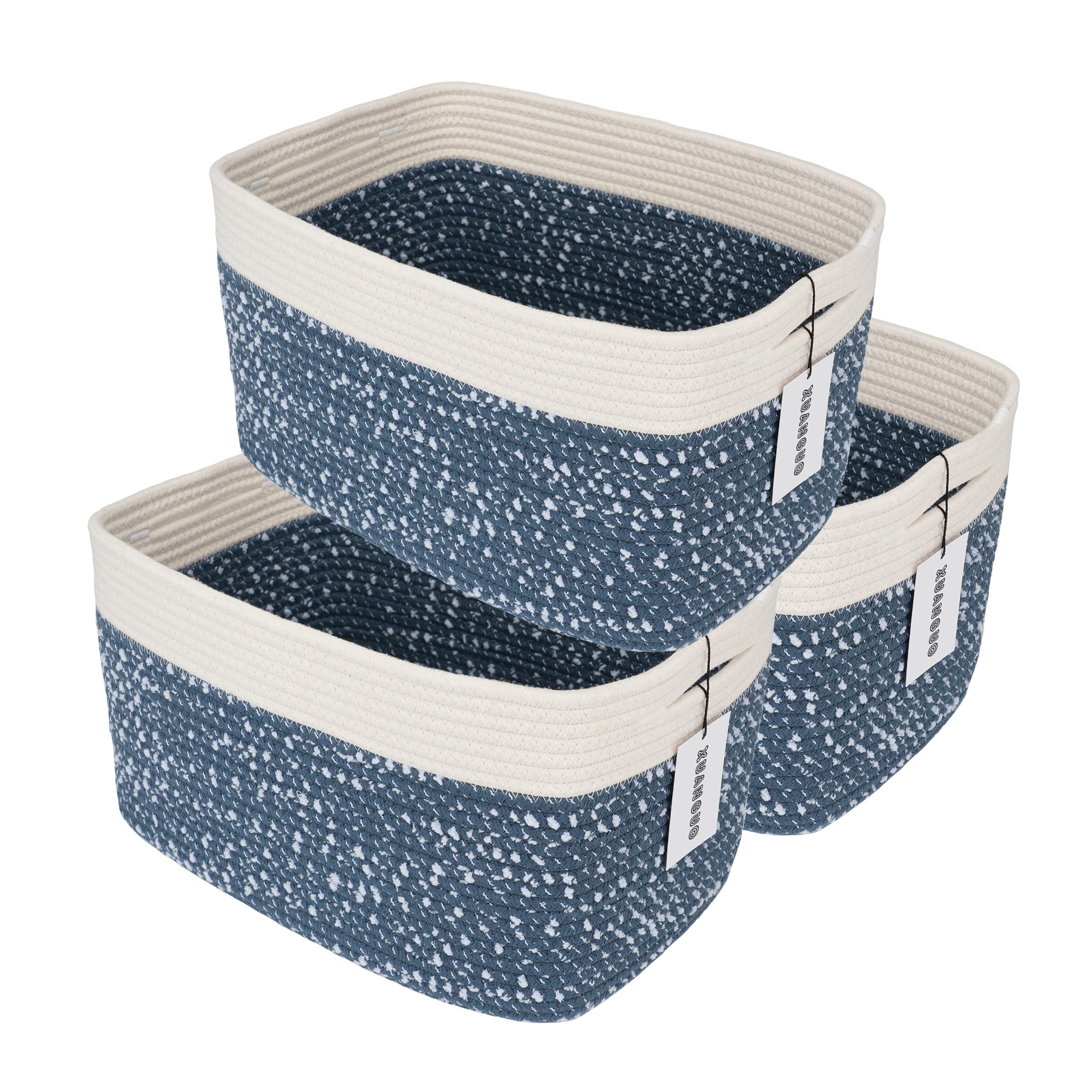 Xuanguo White And Blue Cotton Rope Storage Basket Bins Woven Basket For Organizing Shelves Rectangle Decorative Baskets For Stor