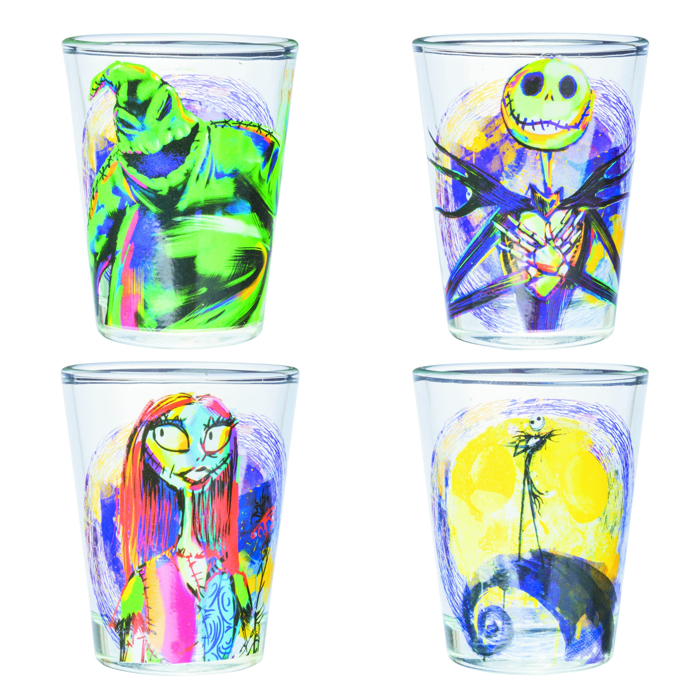 Silver Buffalo Disney Nightmare Before Christmas Featuring Jack Skellington, Sally, And Oogie Boogie 4 Pack Mini Glasses, 1.5 Ou