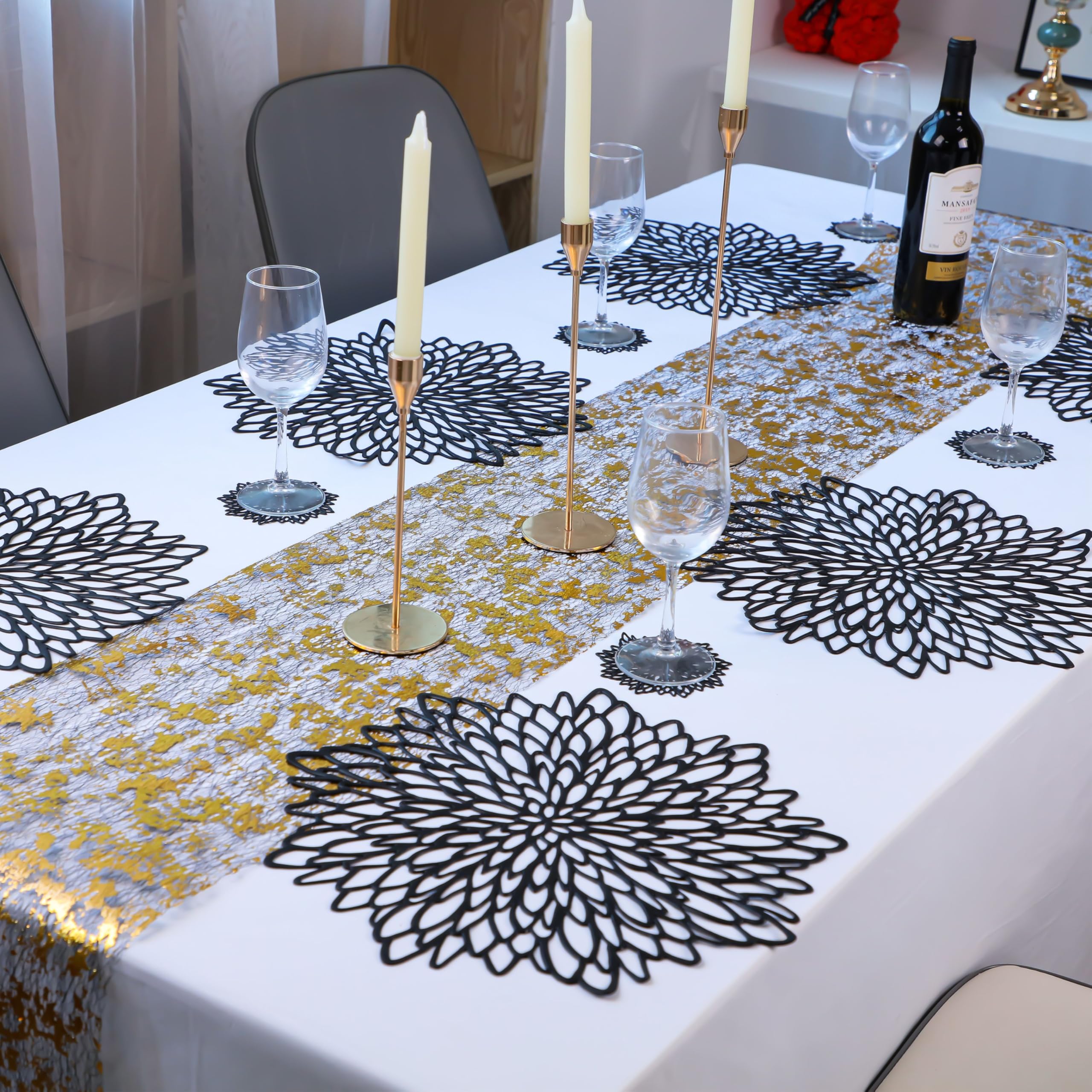 Snowkingdom 6 Pairs Black Placemats & Coasters 12 Pcs Matching Washable Pressed Vinyl Laser Cut Dining Table Mats Round Floral C